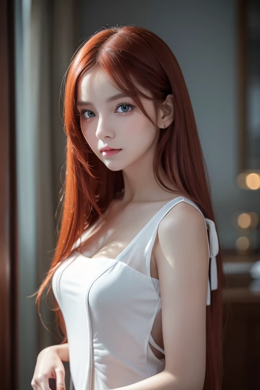 Best quality, masterpiece, ultra high res, (photorealistic:1.4), raw photo, 1girl, offshoulder, in the dark, deep shadow, red hair, redhead, selfie, sfw