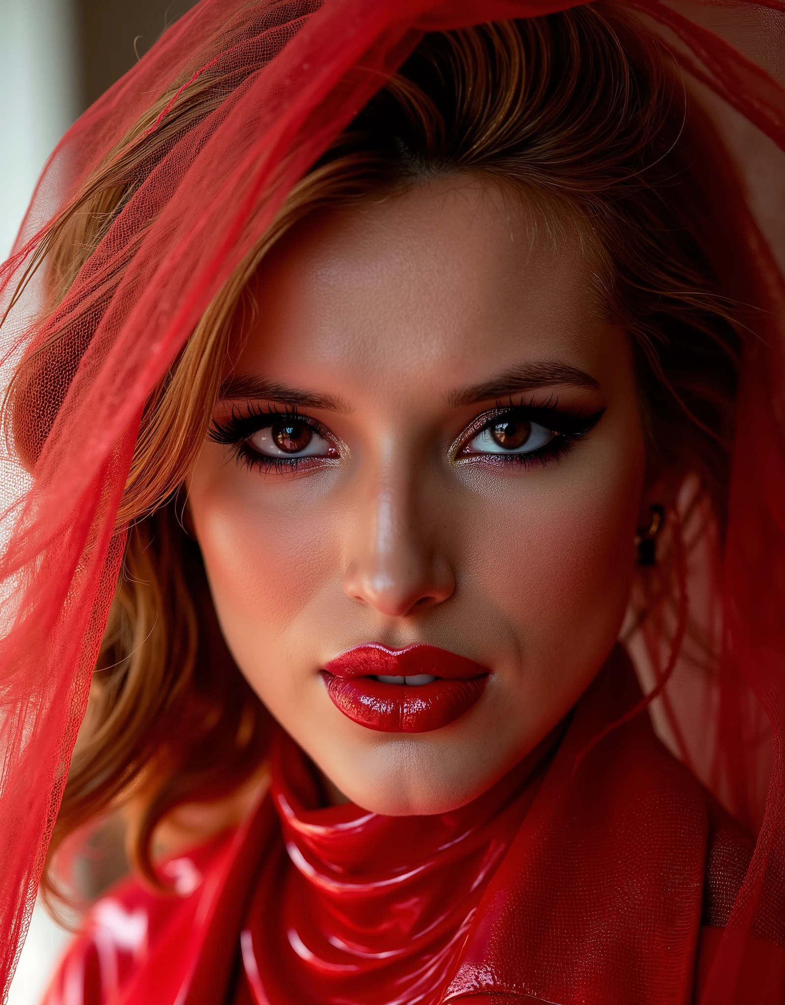 cute portrait of woman on her wedding day, latex wedding dress, red lip gloss, thick eyeliner flicks, latex outfit, latex, shiny, eye contact, full lips, lip fillers, dark red lip gloss, shiny lips, 