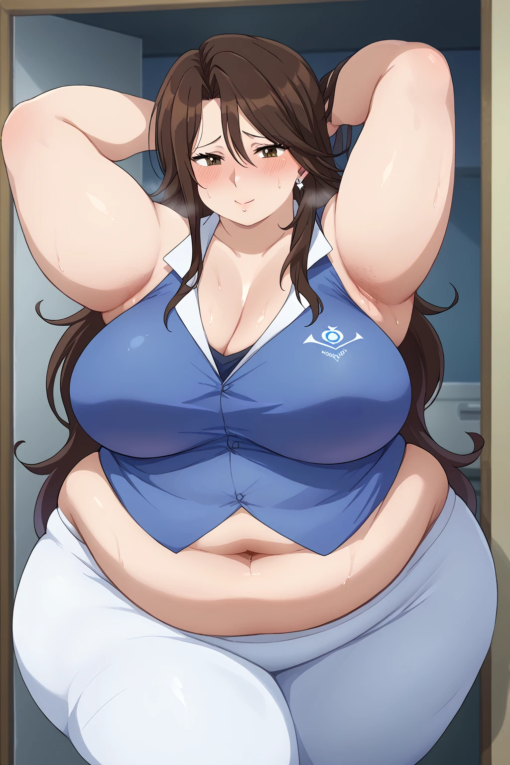  Sumeragi Lee Noriega ,  Sumeragi Lee Noriega ,blue shirt, sleeveless ,A shirt with a wide open neckline,White trousers,Exposed navel,Obese middle-aged woman, troubled expression, embarrassing expression ,milf, chubby, king bang , I'm sweating a lot,A woman with stinky body odor,A woman with smelly armpits ,Body odor, raise both arms, score_9,  score_8_ up、 score_7_ up、 score_6_ up、 score_5_ up、 score_4_ up、 masterpieces at the front door of the house、 top quality , very aesthetic,  absurd、 Source_ anime anime screencap,  one woman、Alone、 personal  、 brown eyes、 brown hair 、 long hair、Super huge breasts,  super huge clevis、Super huge, Super huge boob,Curvy、 wide hips、