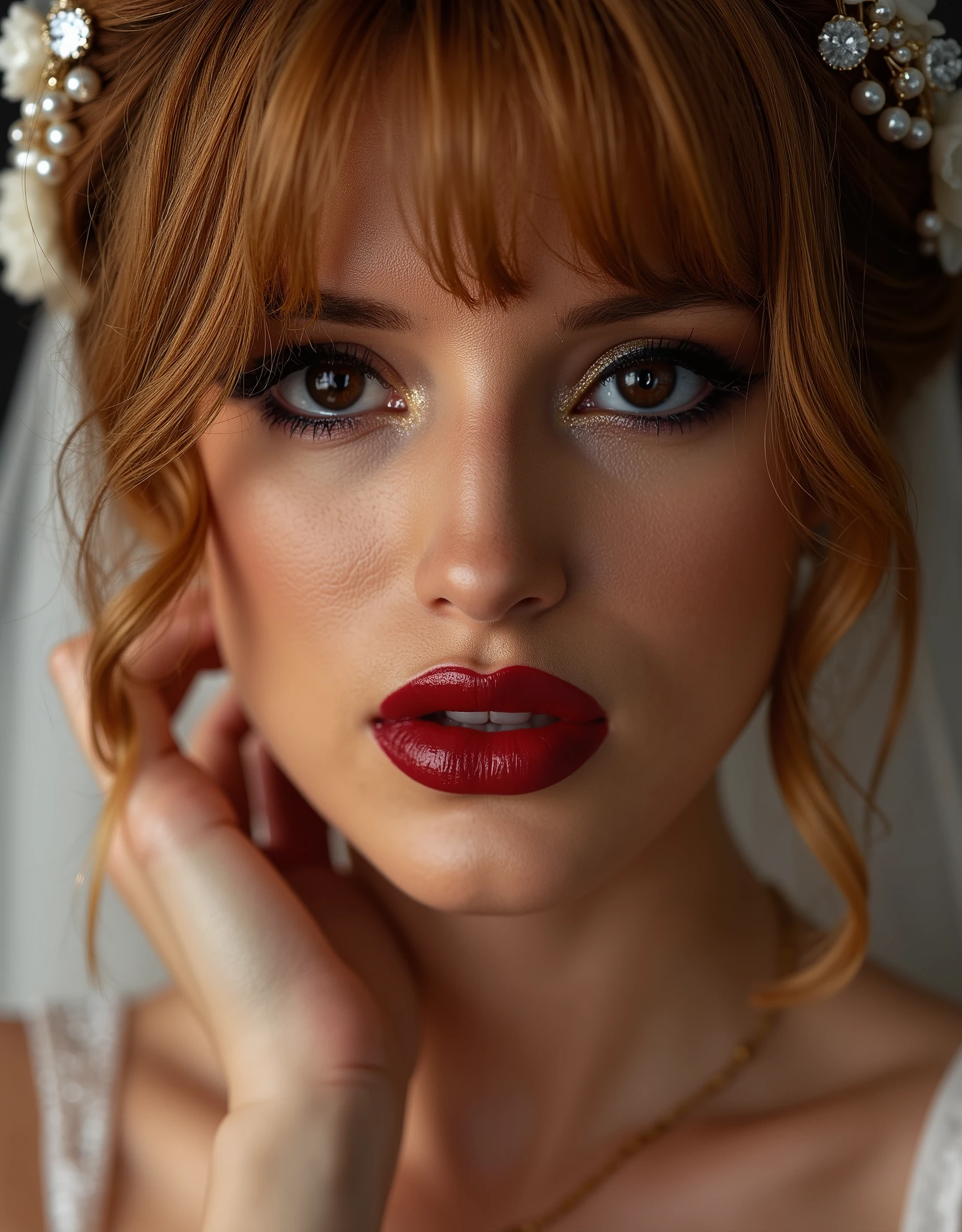 cute portrait of woman on her wedding day, latex wedding dress, red lip gloss, thick eyeliner flicks, latex outfit, latex, shiny, eye contact, full lips, lip fillers, dark red lip gloss, shiny lips, 