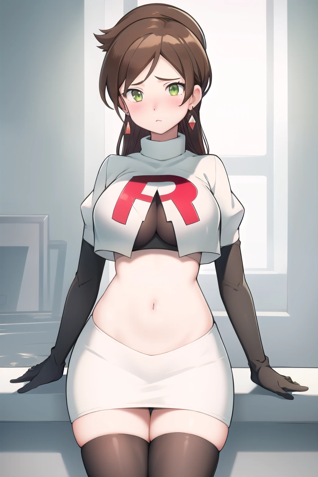 lumen reflections, natural lighting, evocative, triadic color scheme, cowboy shot, elegant, voluptuous:0.6, looking at viewer, 1girl, female, solo, blush, sfw, Aurea juniper, brown hair, green eyes, earrings, red earrings, diamond earrings, team rocket,team rocket uniform,white skirt,red letter R,crop top,black thigh-highs,black elbow gloves