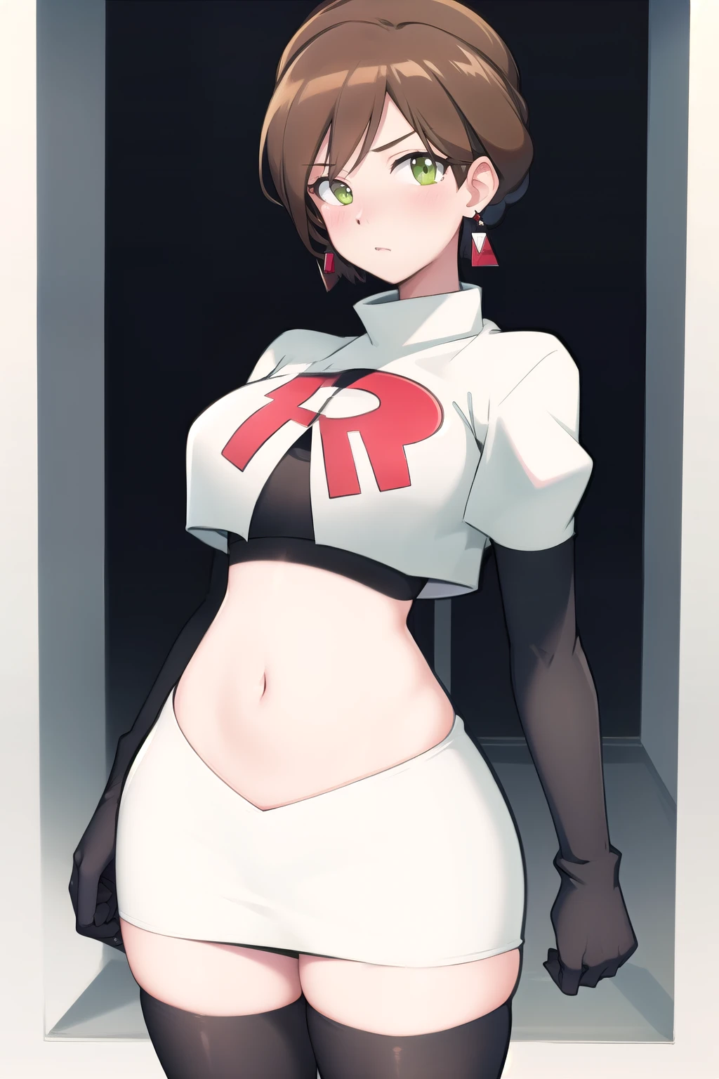 lumen reflections, natural lighting, evocative, triadic color scheme, cowboy shot, elegant, voluptuous:0.6, looking at viewer, 1girl, female, solo, blush, sfw, Aurea juniper, brown hair, green eyes, earrings, red earrings, diamond earrings, team rocket,team rocket uniform,white skirt,red letter R,crop top,black thigh-highs,black elbow gloves