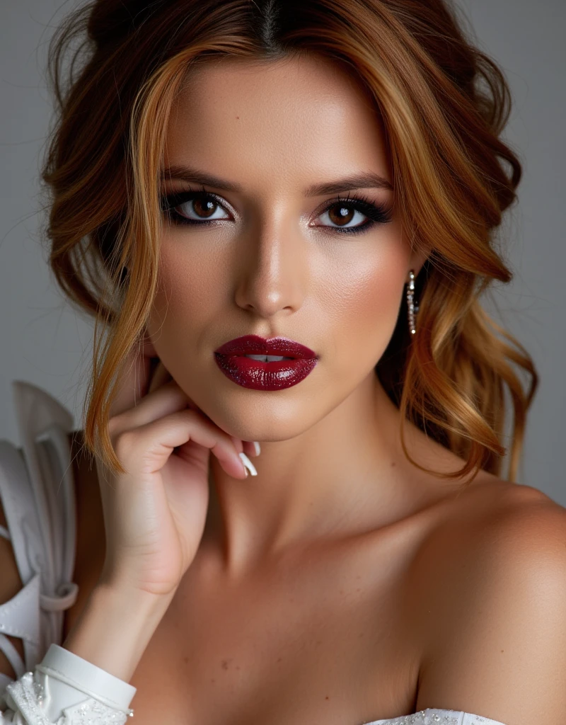 cute portrait of woman on her wedding day, latex wedding dress, red lip gloss, thick eyeliner flicks, latex outfit, latex, shiny, eye contact, full lips, lip fillers, dark red lip gloss, shiny lips, glitter