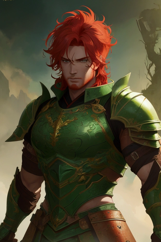a pale young man with messy curly red hair, green eyes, muscular, thin waist, fox ears, fox tail, with a stick