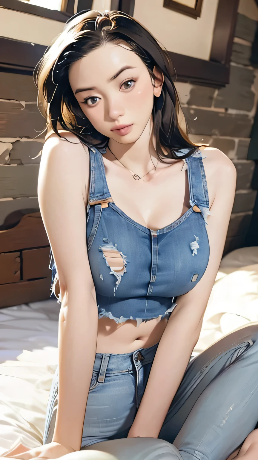 (very cute korean girl) ,(kpop idol, korean beauty, Korean mix), (raw photo:1.2), (photorealistic:1.4), very detailed eyes and face, beautiful detailed eyes, huge file size, super detailed, high resolution, very detailed, masterpiece,unified, 8k wallpaper, amazing, Fine details, masterpiece, best quality, , light on face, cinematic lighting, 1girl, ((gigantic breasts:1.4)),((wearing a open denim jacket: 1.6.))