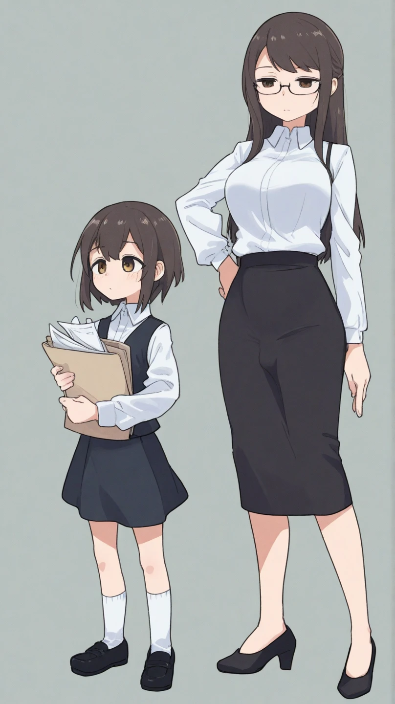 futa, secretary, white blouse, distracted, black skirt, standing, little micro small bulge, holding document, simple background, (ixy:0.50)