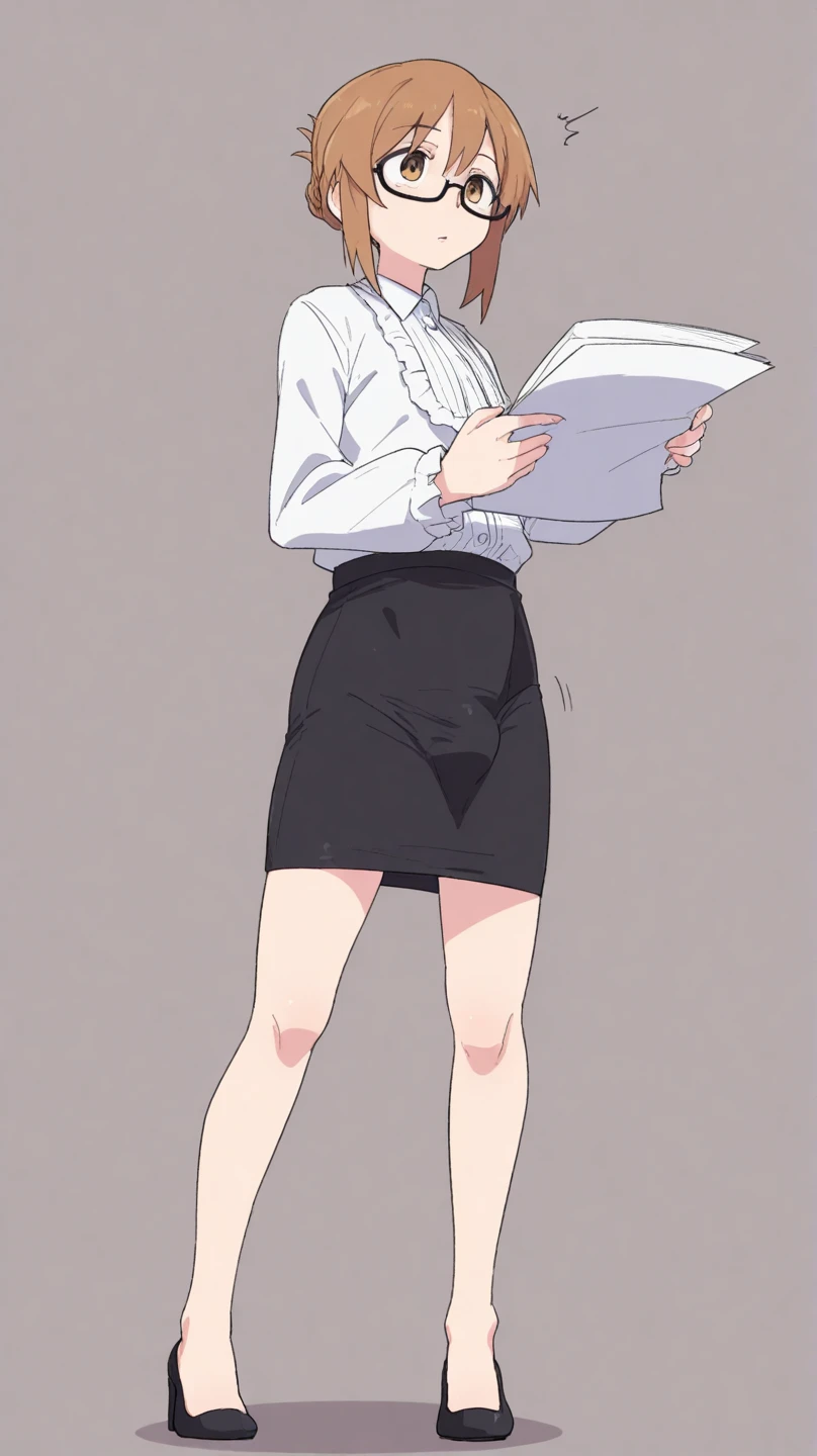 futa, secretary, white blouse, distracted, black skirt, standing, little micro small bulge, holding document, simple background, (ixy:0.50)