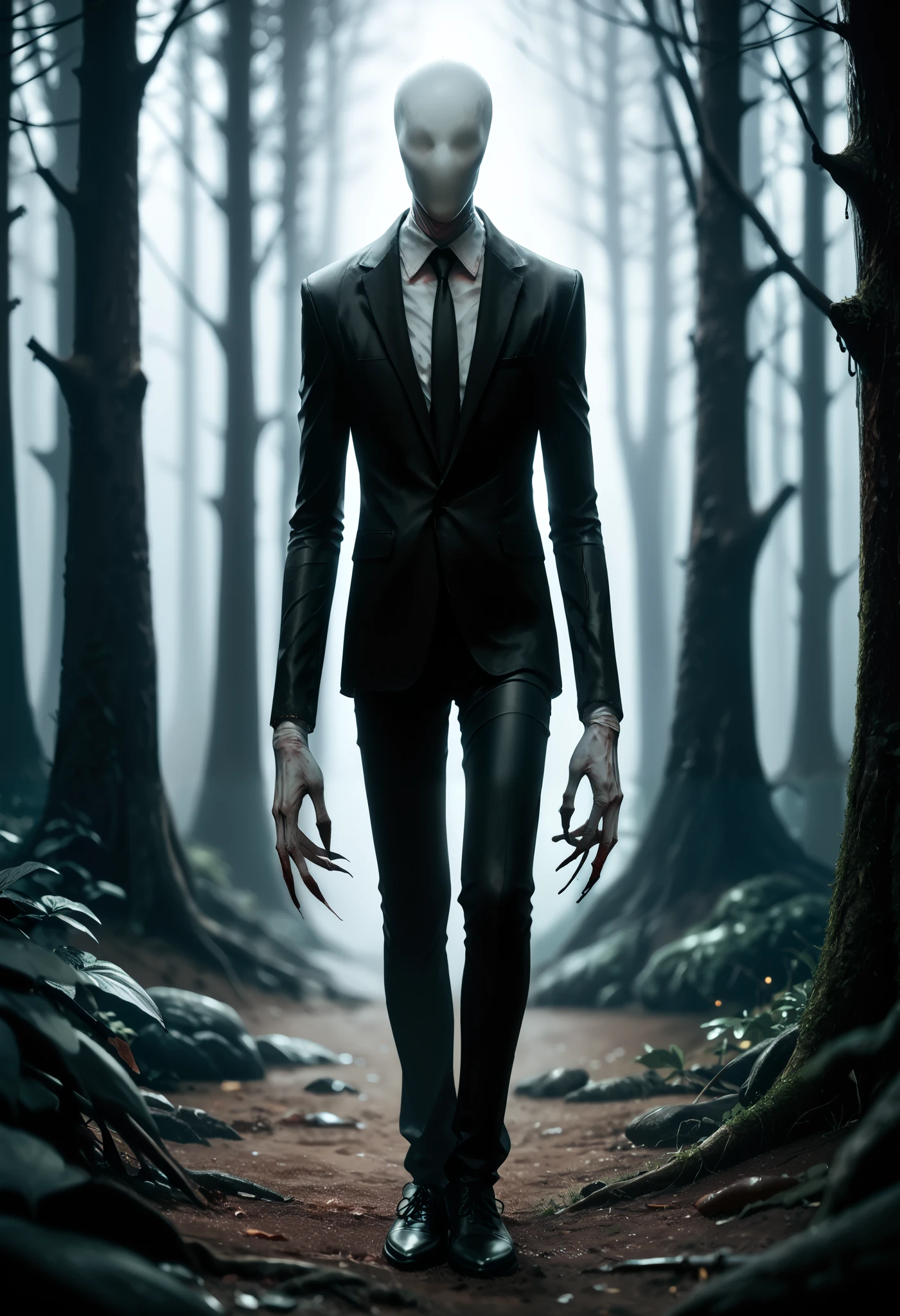 1man, slenderman, creepypasta, faceless, white skin, black suit, black tie, black pants, long arms, long legs, dread, foggy forest, dark theme, looking at viewer, (blurry background), depth of field, masterpiece, best quality, good quality, newest, ultra quality, high detailed