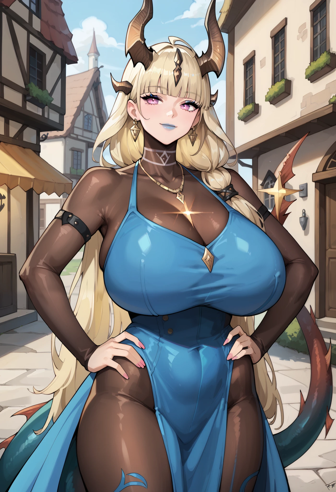 HornArkscore_9, score_8_up, score_7_up, 1girl, milf, solo, ReedTFS, (gigantic breasts), (((light blonde hair), very long hair, long sidelocks, bangs, pink eyes, dragon horns, dragon tail)), lipstick, blue lips, ((necklace, bodystocking, blue tabard)), ((light smile), closed mouth), ((hand on own hip, medieval town))