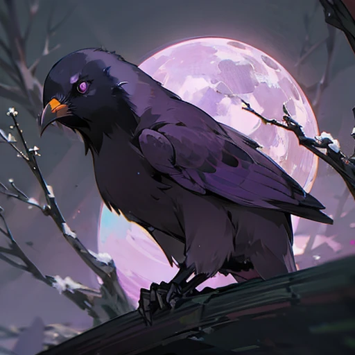 Crow,  Purple Gems, crow,  Black Birds ,  Purple Eyes , Snow Branches ,  mascot,  fantasy,  cute,  stylish, night, Full moon background, anime, デフォルメ,  fiction, fake