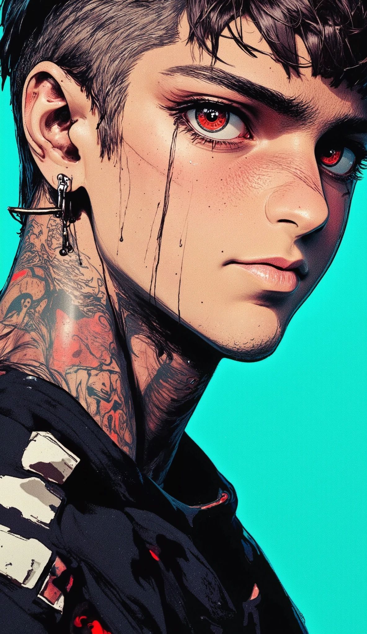    a close up of a young man with a tattoo on his neck, He looks up ,    piercings and eyebrow piercings     , nose and mouth,    image centered close to the flat artwork    , modern hair,    half-open lips  , light cyan background   ,      black sweatshirt with white     , muchos    neck tattoos    y rostro,    cyberpunk art inspired by Yanjun Cheng   , tumblr, arte digital,   of a Taiwanese girl with tattoos  ,     in the style of Guweiz  ,    neck tattoos   ,  cyberpunk , Ilya Kuvshinov. 4k, guweiz, Japanese art style   , yakuza slim girl, tattoo style,   beautiful face of a cyberpunk girl  