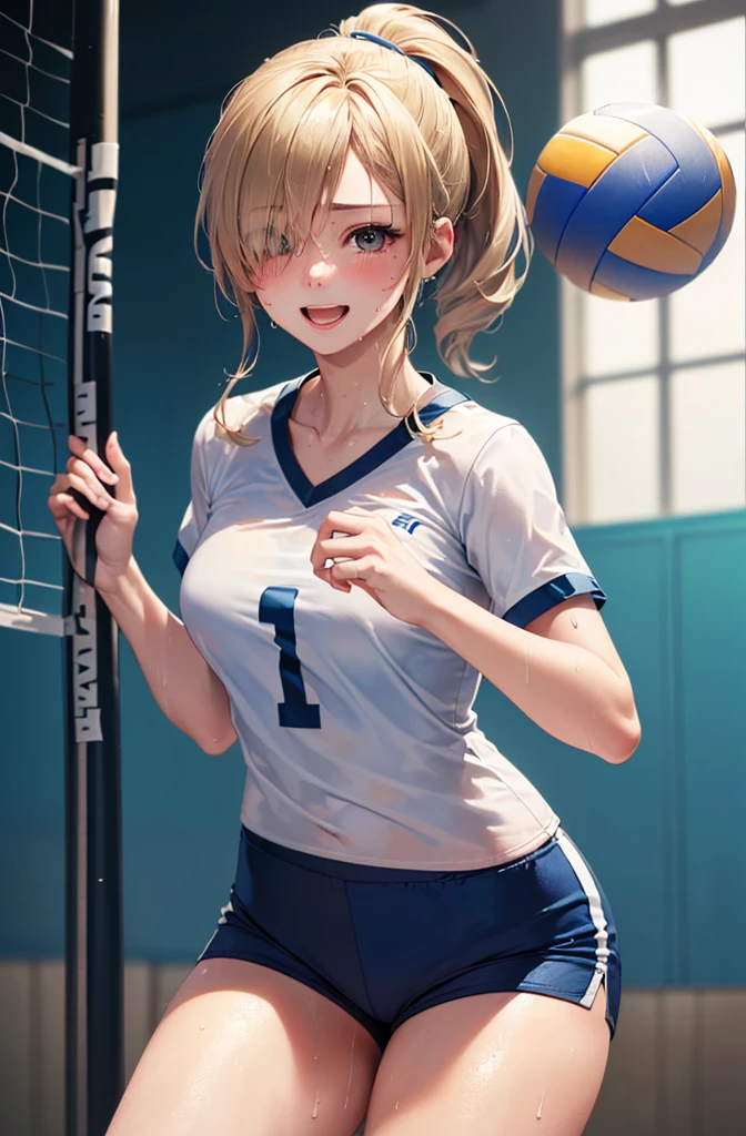 (masterpiece:1.5)、(highest quality:1.5)、(8K:1.2)、(Super detailed:1.2)、(photorealistic:1.2)、(ultra high resolution:1.2)、(Highly detailed and realistic skin:1.2)、(Very detailed and clean sharp eyes:1.2)、(Inside the school gymnasium:1.3)、(very bright lighting:1.2)、(Playing volleyball:1.4)、break、(18 year old woman with slender figure:1.2)、(beautiful eyeliner)、(beautiful eyeshadow)、natural color lip、break、(Volleyball navy short sleeve tight shirt:1.5)、(volleyball cobalt blue tight shorts:1.4)、break、break、(Blonde side long ponytail that covers one eye:1.3)、break、medium beautiful breasts、(Sweat:1.3)、(blushing face:1.2)、(The best smile with an open mouth:1.2)、large crowd of male students:1.3)