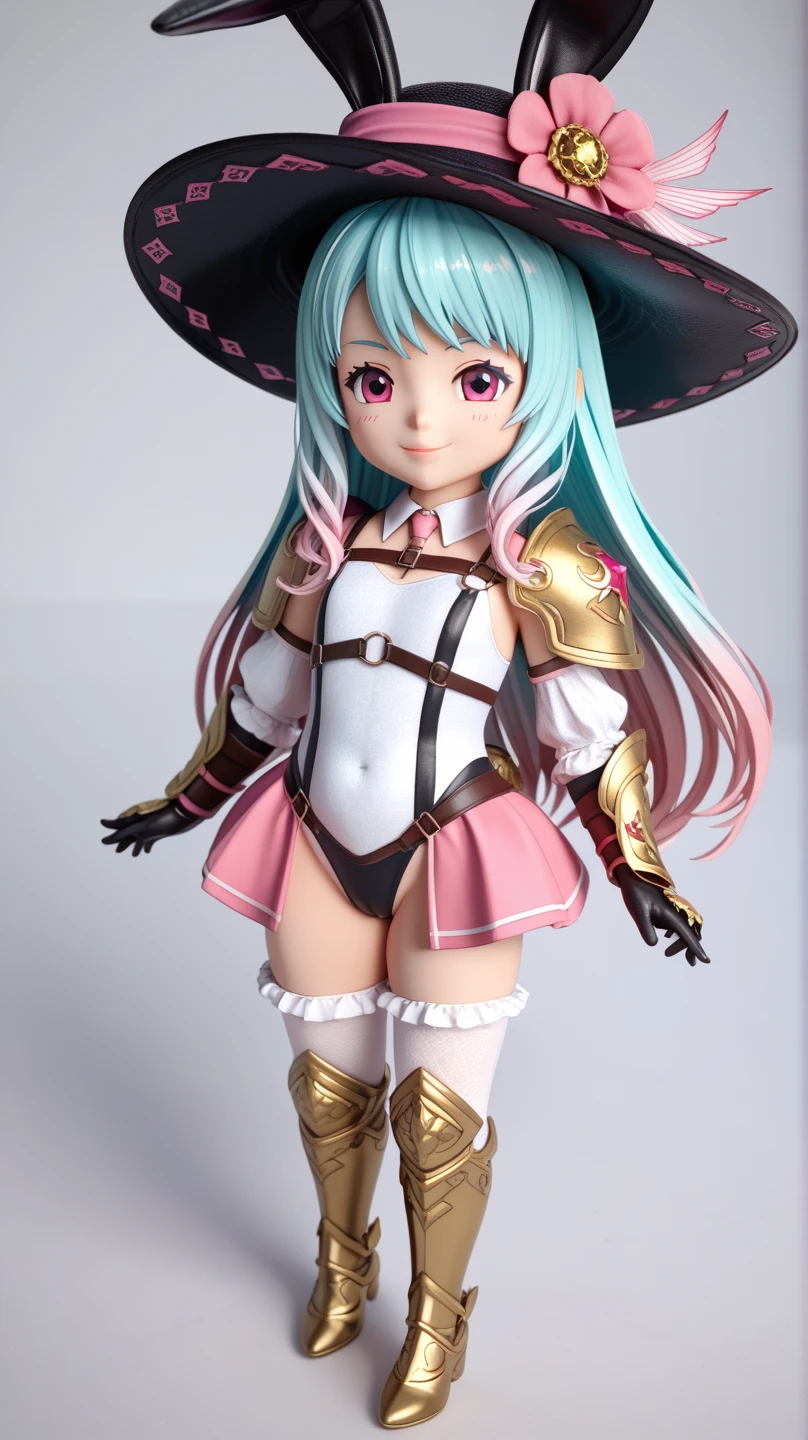 final fantasy、3D Model、anime、Ochibi、Young girl、Eye star、light cyan and pink two-tone hair、 long hair、  colorful 、 cute、 cool 、 high leg swimsuit、Underwear Tights 、 wedding gloves、 white body armor 、 Leg Armor 、 Dress、ワンダーバニー silk hat、 silk hat、 Arm Armor Gauntlet、 Princess Dress 、Princess Coat 、Full Harness、 facing the front、