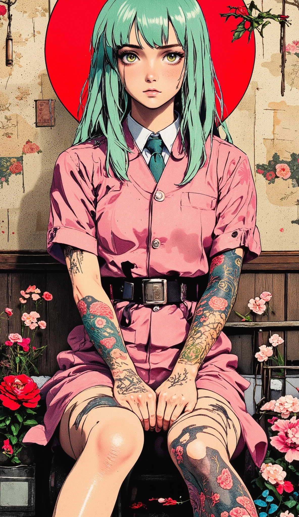 A fascinating surrealistic illustration of a young Japanese girl . She has pastel green hair with straight bangs., yellow eyes, and wears a vibrant pastel-colored suit adorned with intricate floral patterns.. Freckles dot her soft , warm complexion, and bold, Colorful tattoos cover her arms and legs. The tattoos feature traditional Japanese motifs such as flowers and mythical creatures , Rendered in meticulous detail in a pastel color palette.. The background is a vintage wallpaper with floral print that complements the colors of the artwork. The line work is precise., with delicate shading that gives the illustration a 3D quality . The artwork merges modern illustration techniques with traditional Japanese aesthetics , resulting in a visually striking result, retrato,
