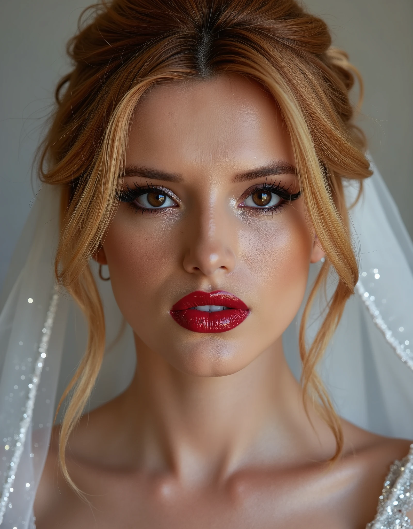 cute portrait of woman on her wedding day, latex wedding dress, red lip gloss, thick eyeliner flicks, latex outfit, latex, shiny, eye contact, full lips, lip fillers, dark red lip gloss, shiny lips, glitter