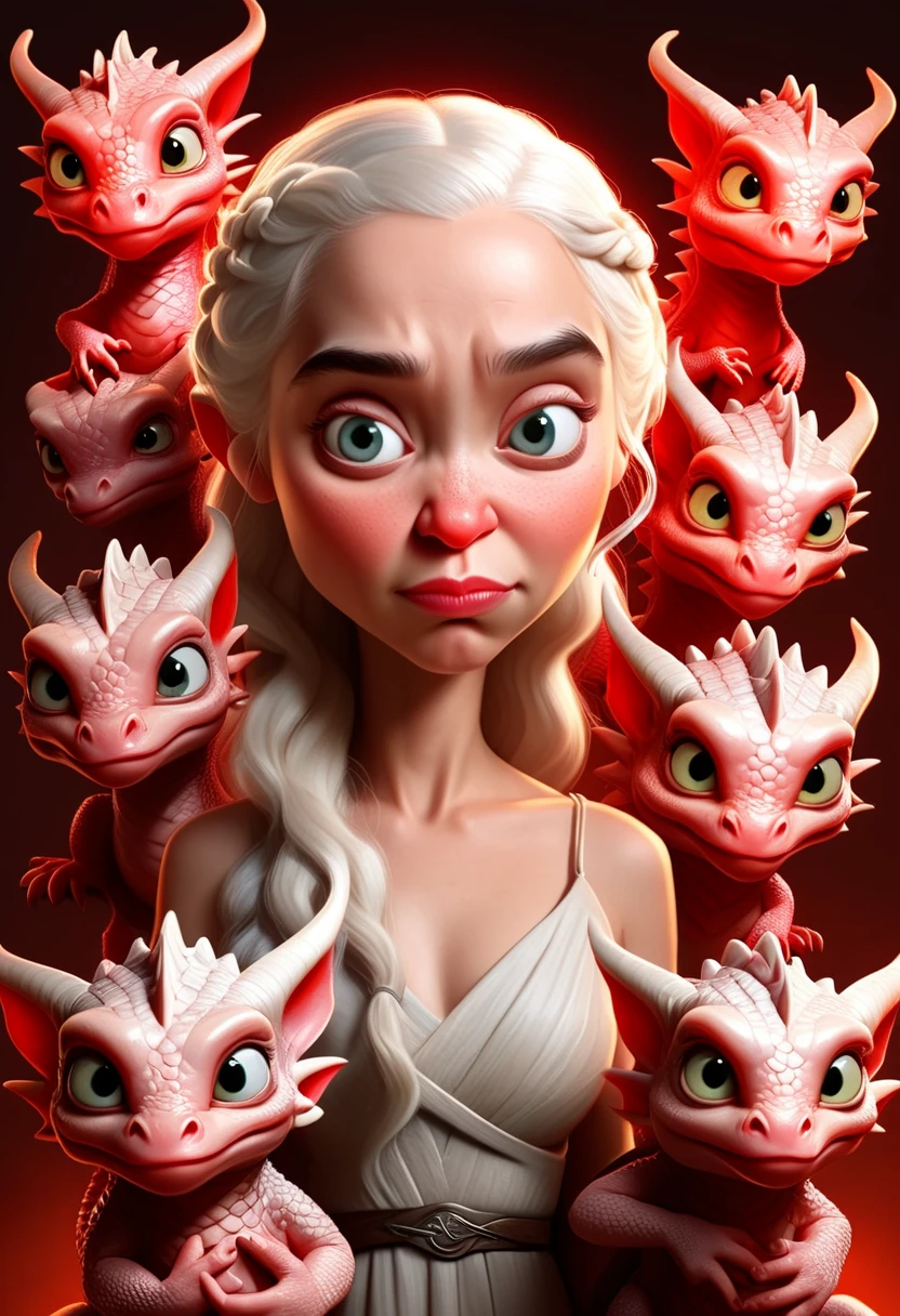 a cartoon caricature of Daenerys Targaryen with 3 **** dragons, portrait, exaggerated features with a large nose and big eyes, realistic, detailed, glowing red lighting, 4K.