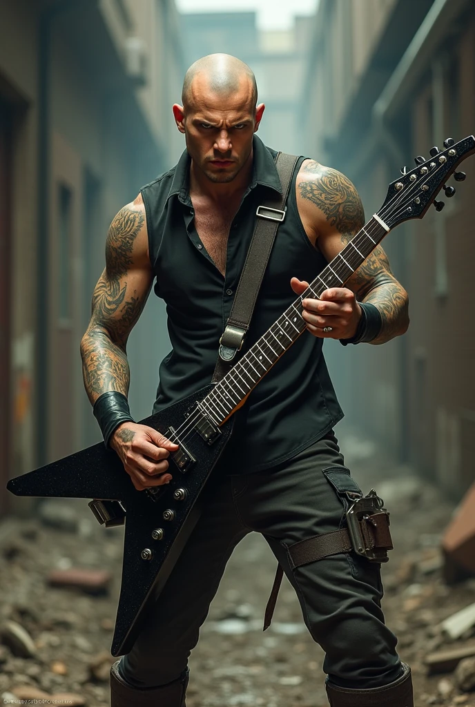 mario bros ,black rocker clothing black leather vest with guitar for metal metalhead chains, rock bracelets black denim pants ,black boots, red eye iris in apocalyptic video game level, 3D ,video game type,in apocalyptic video game world,Whole body ,high resolution high detail cinematic volumetric