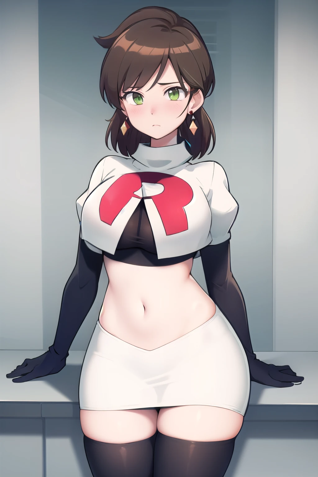 lumen reflections, natural lighting, evocative, triadic color scheme, cowboy shot, elegant, voluptuous:0.6, looking at viewer, 1girl, female, solo, blush, sfw, Aurea juniper, brown hair, green eyes, earrings, red earrings, diamond earrings, team rocket,team rocket uniform,white skirt,red letter R,crop top,black thigh-highs,black elbow gloves