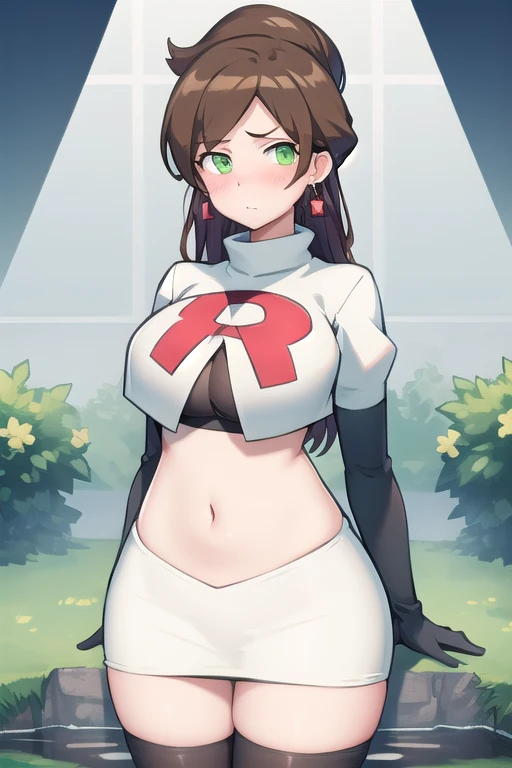 lumen reflections, natural lighting, evocative, triadic color scheme, cowboy shot, elegant, voluptuous:0.6, looking at viewer, 1girl, female, solo, blush, sfw, Aurea juniper, brown hair, green eyes, earrings, red earrings, diamond earrings, team rocket,team rocket uniform,white skirt,red letter R,crop top,black thigh-highs,black elbow gloves