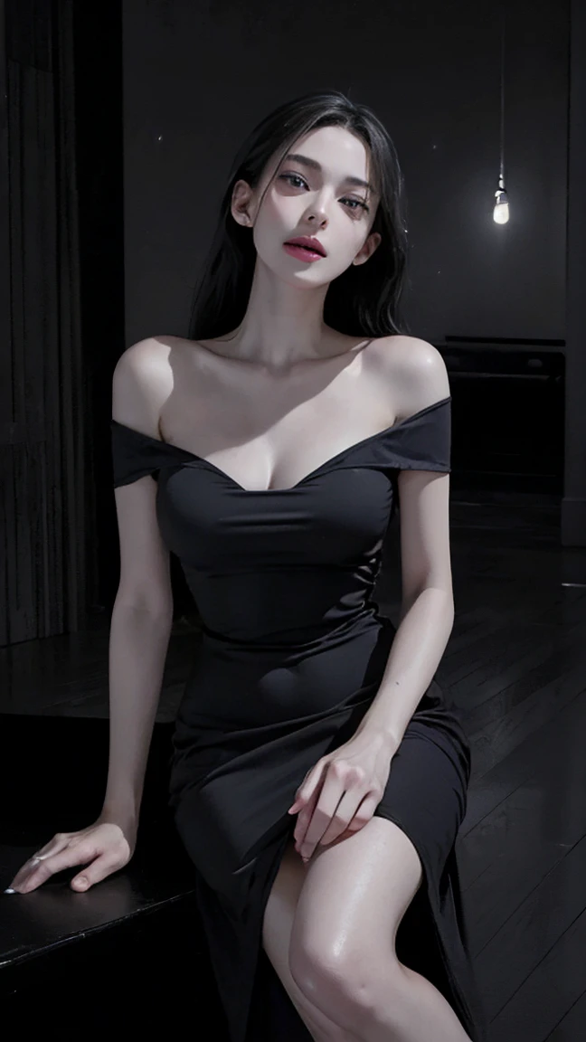 high quality, Long hair tied into a side ponytail, 25-year-old slim Central Asian female star,  .full-body shot:1.7, (frown:1.3) (Melancholy expression:1.1) (Sweating all over:0.4)(Black dress，Bare legs and chest:1.5) ( kneel:1.3) (Show armpits:1.2)  (looking at camera:1.3) (Close eyes:1.0)