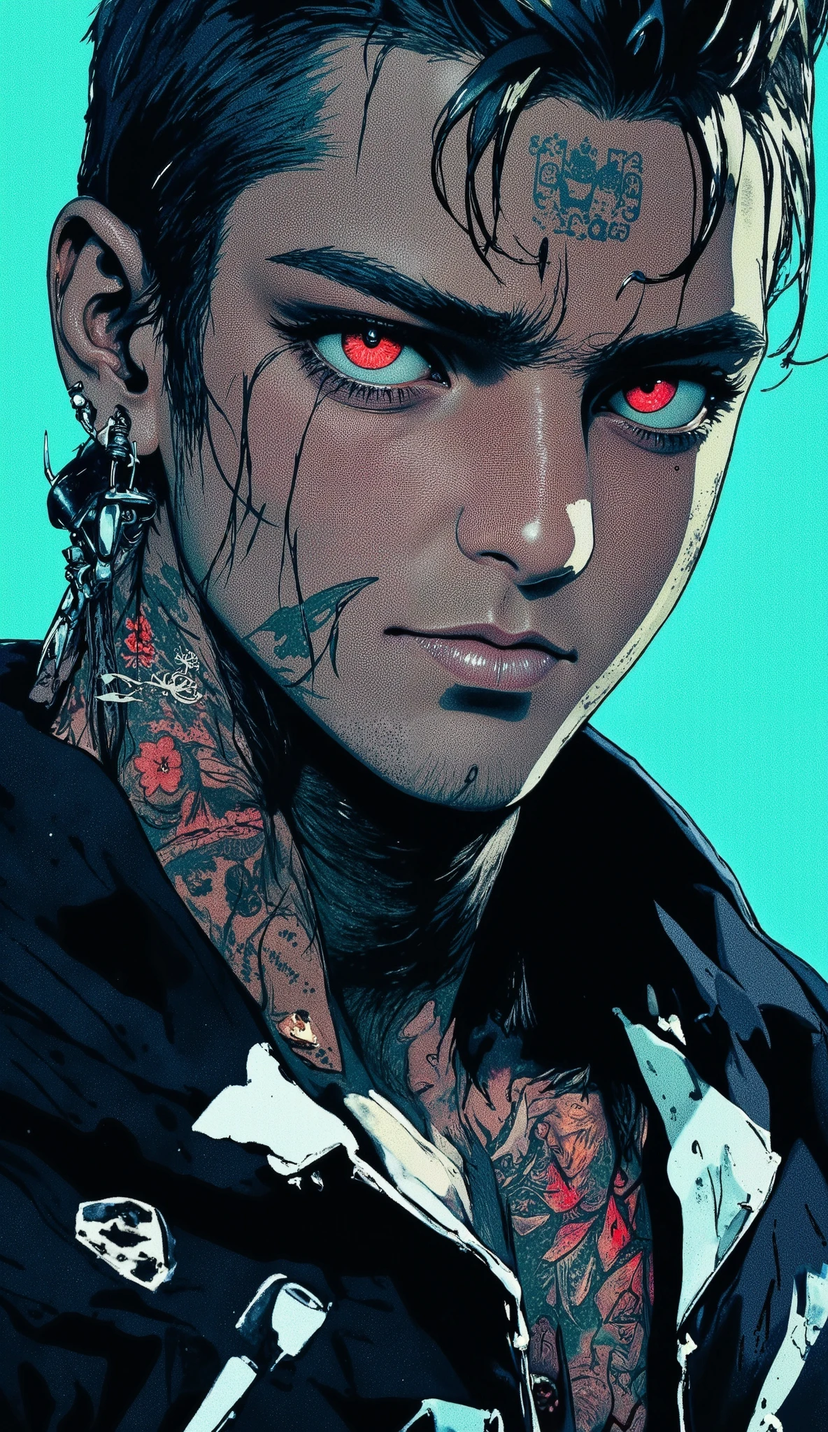    a close up of a young man with a tattoo on his neck, He looks up ,    piercings and eyebrow piercings     , nose and mouth,    image centered close to the flat artwork    , modern hair,    half-open lips  , light cyan background   ,      black sweatshirt with white     , muchos    neck tattoos    y rostro,    cyberpunk art inspired by Yanjun Cheng   , tumblr, arte digital,   of a Taiwanese girl with tattoos  ,     in the style of Guweiz  ,    neck tattoos   ,  cyberpunk , Ilya Kuvshinov. 4k, guweiz, Japanese art style   , yakuza slim girl, tattoo style,   beautiful face of a cyberpunk girl  