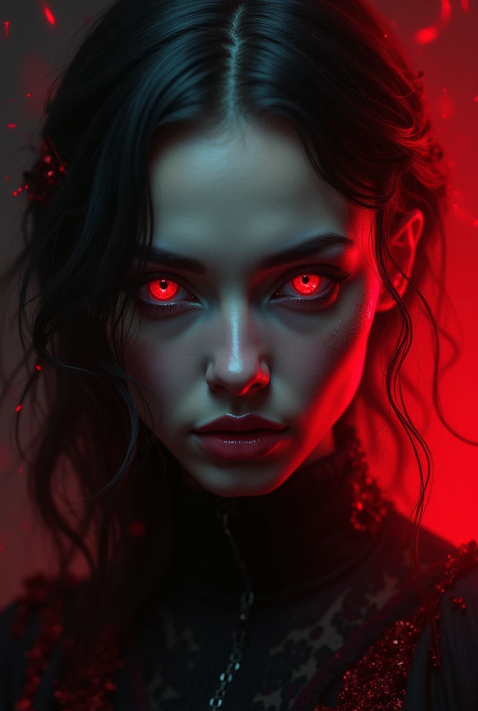 stzd, digital artwork that portrays a mysterious female figure with exaggerated features, rendered in a dark and gloomy color palette. expressionless, with glowing red eyes. The background is a stark contrast of black and vibrant red, with streaks and splatters