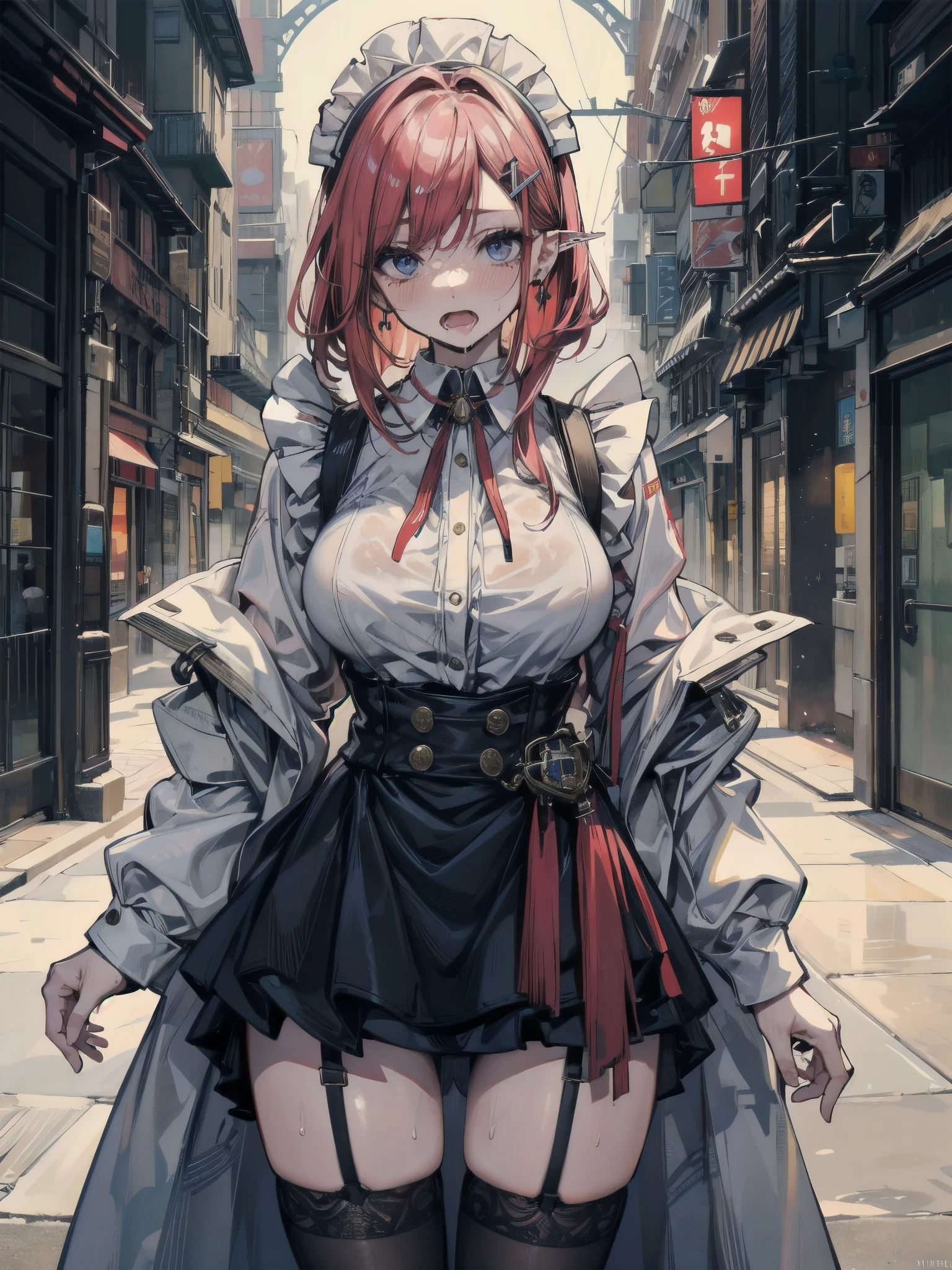 Young female, chubby body, Red hair with blonde underneath in a shoulder length bob, dual colored hair, blue eyes, beautiful, piercings, goblincore clothes