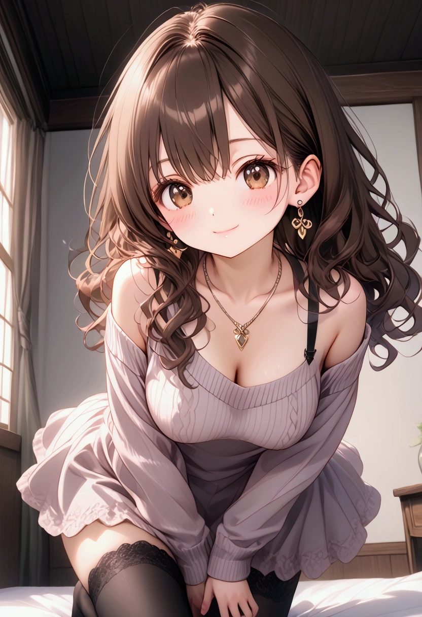 (table top, highest quality, High resolution, , perfect pixel, 4k,), 1 girl, high school student, single, alone, Beautiful girl、I could see the whole body、 ((wavy middle hair, bangs, brown hair)), ((brown eyes, beautiful eyelashes, realistic eyes)), ((detailed face, blush:1.2)), ((smooth texture:0.75, realistic texture:0.65, realistic:1.1, Anime CG style)), medium breasts, dynamic angle, perfect body, ((, beige off shoulder sweater、tight denim skirt、black stockings、cute necklace、earrings、)), upper grade、shy smile、university campus、Gravure Idol Sexy Pose、angle from below、Bring your arms together to emphasize your chest、、pink lace panties are visible、