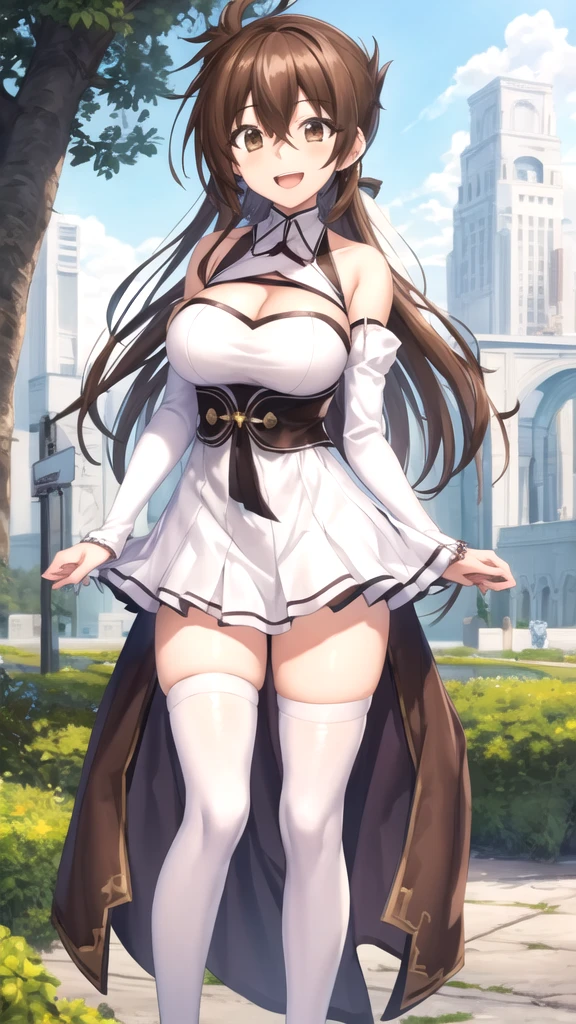 masterpiece, best quality, high quality, girl, solo, looking at viewer, issei_hyoudou, brown hair, brown eyes, hair between eyes, large breasts, white dress, detached sleeves, blue thighhighs, standing, outdoors, smile, open mouth 