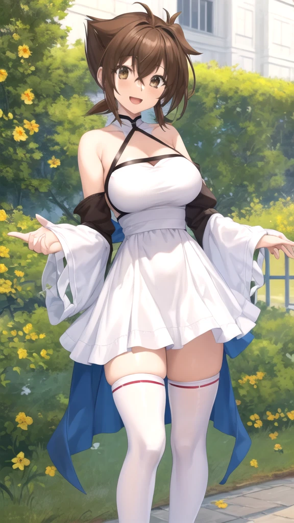 masterpiece, best quality, high quality, girl, solo, looking at viewer, issei_hyoudou, brown hair, brown eyes, hair between eyes, large breasts, white dress, detached sleeves, blue thighhighs, standing, outdoors, smile, open mouth 