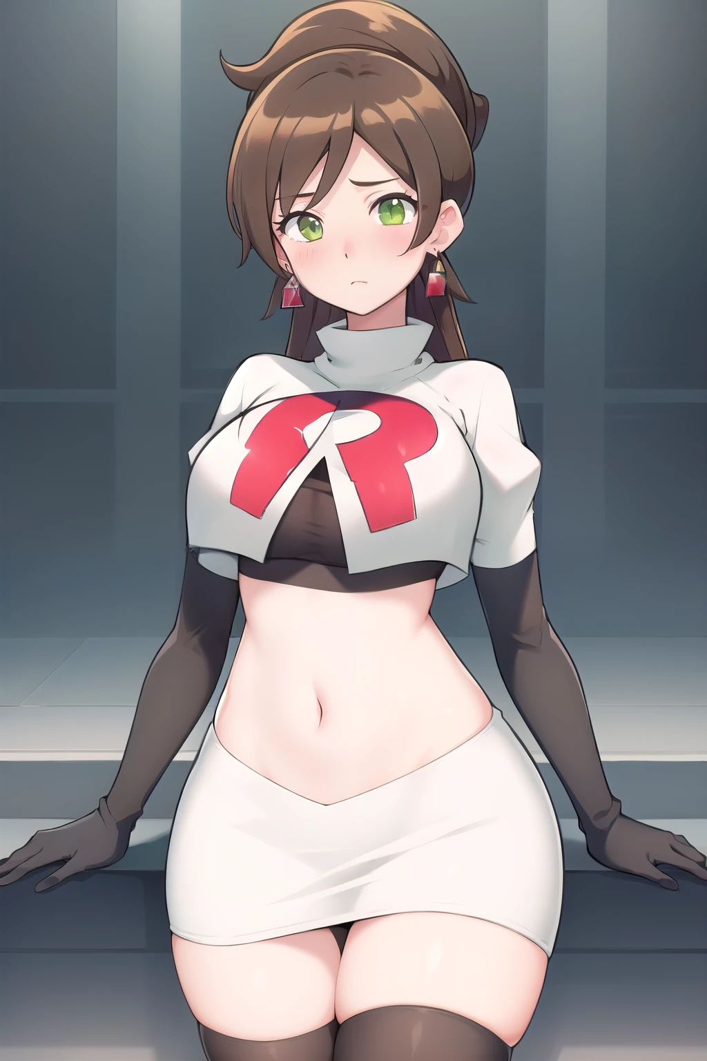 lumen reflections, natural lighting, evocative, triadic color scheme, cowboy shot, elegant, voluptuous:0.6, looking at viewer, 1girl, female, solo, blush, sfw, Aurea juniper, brown hair, green eyes, earrings, red earrings, diamond earrings, team rocket,team rocket uniform,white skirt,red letter R,crop top,black thigh-highs,black elbow gloves