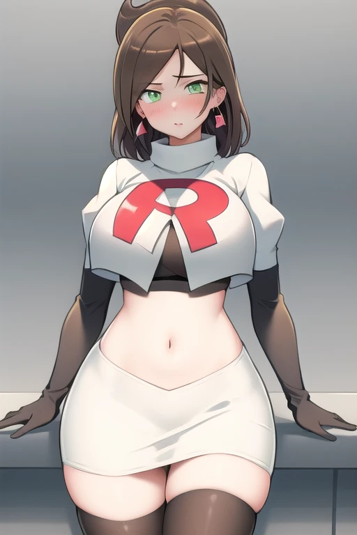 lumen reflections, natural lighting, evocative, triadic color scheme, cowboy shot, elegant, voluptuous:0.6, looking at viewer, 1girl, female, solo, blush, sfw, Aurea juniper, brown hair, green eyes, earrings, red earrings, diamond earrings, team rocket,team rocket uniform,white skirt,red letter R,crop top,black thigh-highs,black elbow gloves