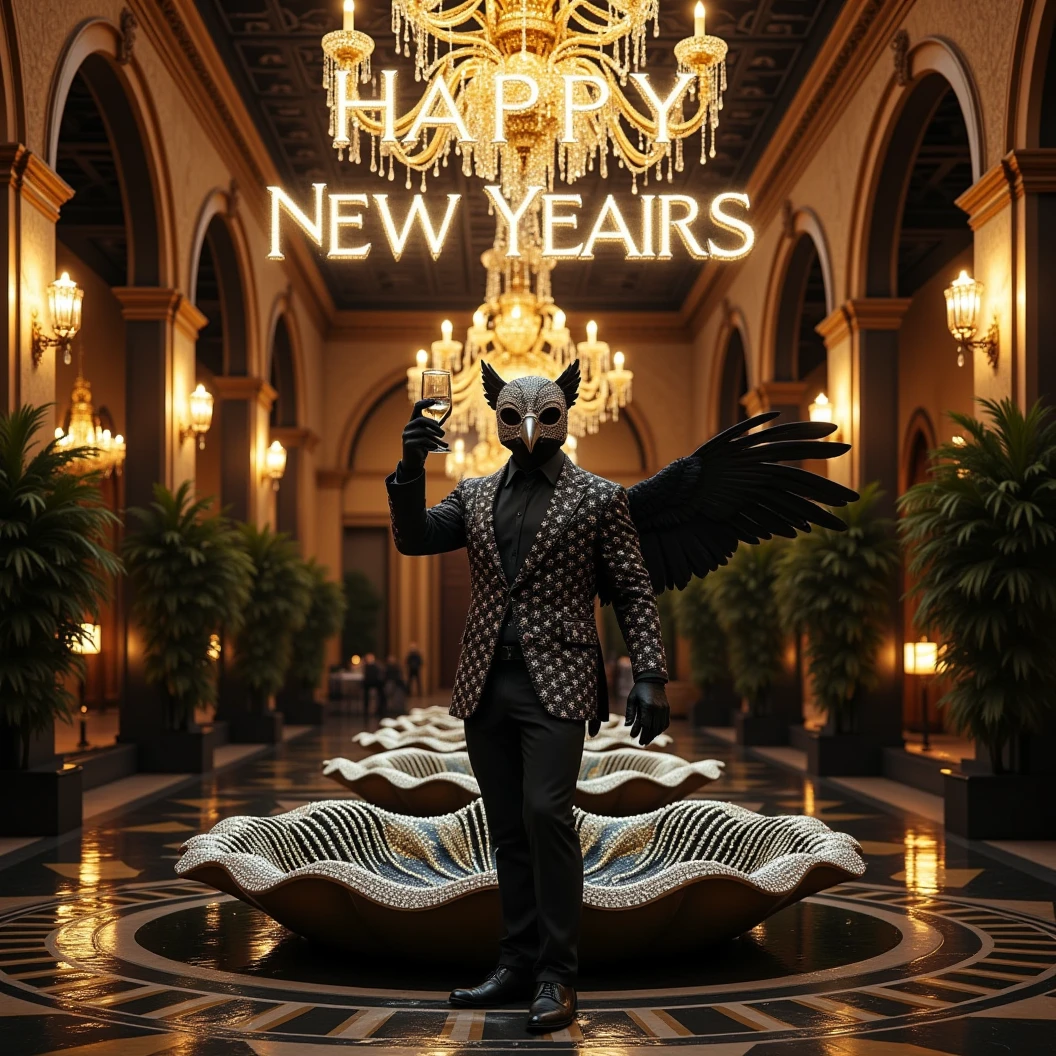 Dynamic pose, Muscular, handsome, anthropomorphic crow donned in black suit covered in diamonds. Wearing an intricate diamond masquerade mask. He dazzles the eye as he raises a glass for a toast. Looking in to the camera. The phrase "Happy New Year MAB!!!" In large bright diamond letters. Dynamic pose. Behind him a ninja turtle, a black humanoid wolf, a humanoid lion, a Great Dane, Neptune God of the sea, Batman, a Rhino, and other species of were-animals. All dressed in fancy masquerade suits and dresses. Well drawn animals. No duplicate animals. A glimmering diamond covered clam shaped water fountain centered in a massive courtyard. Dynamic posing. Fountain shaped like a huge clam. High Resolution, Masterpiece, Cinematic, Cinematography, Hyperdetailed, Hyperrealism,Depth Of Field, Image Fill, Foreshortening, 