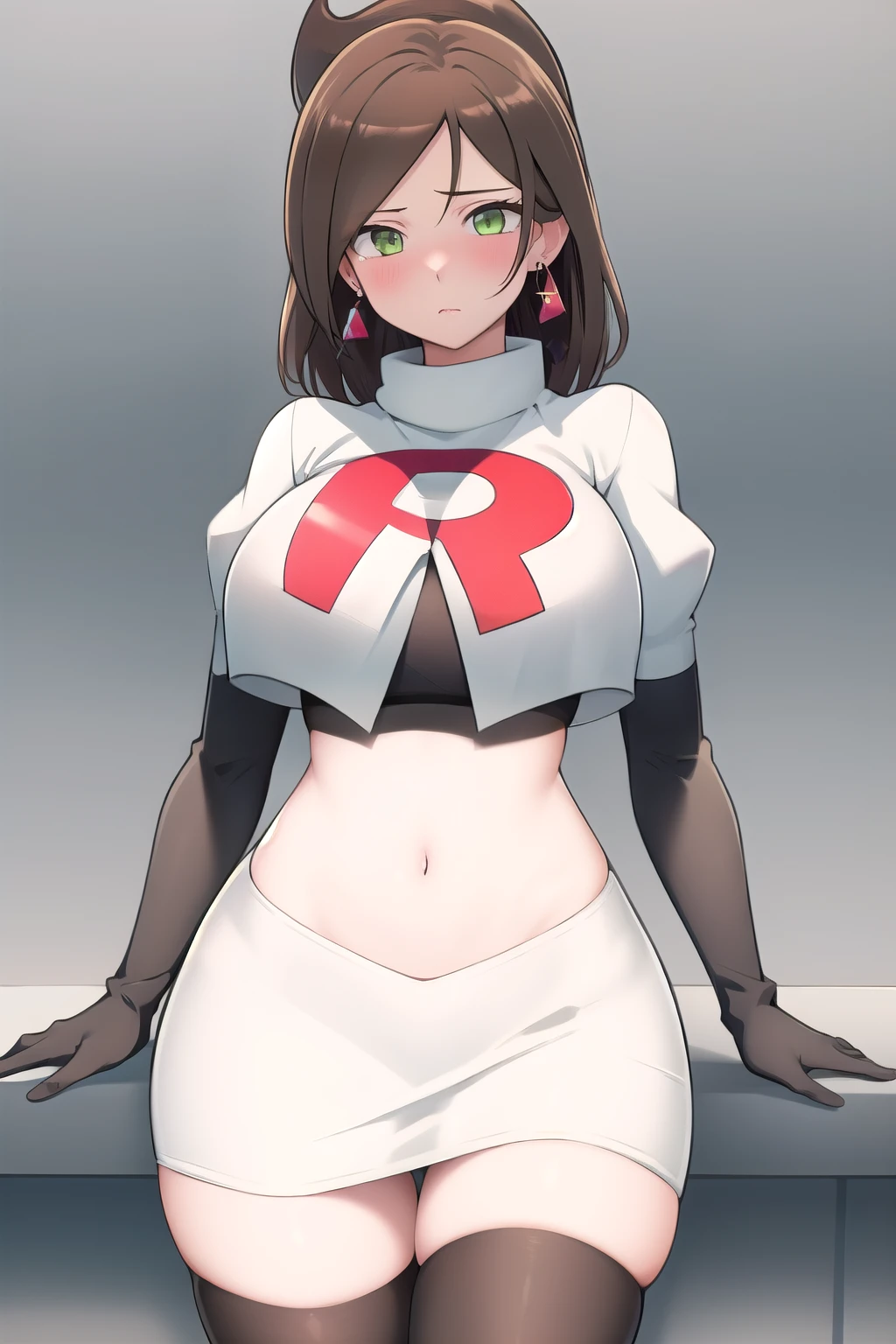 lumen reflections, natural lighting, evocative, triadic color scheme, cowboy shot, elegant, voluptuous:0.6, looking at viewer, 1girl, female, solo, blush, sfw, Aurea juniper, brown hair, green eyes, earrings, red earrings, diamond earrings, team rocket,team rocket uniform,white skirt,red letter R,crop top,black thigh-highs,black elbow gloves