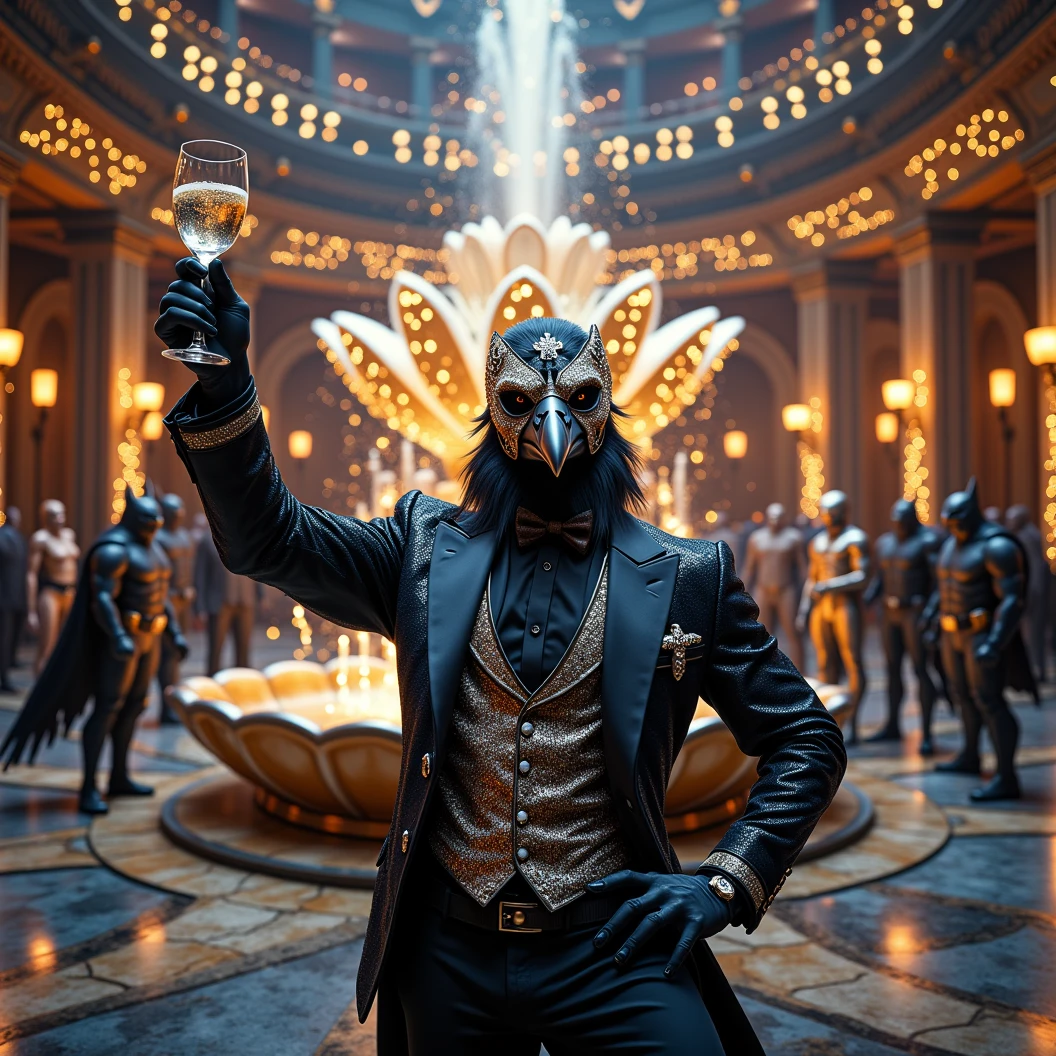 Dynamic pose, Muscular, handsome, anthropomorphic crow donned in black suit covered in diamonds. Wearing an intricate diamond masquerade mask. He dazzles the eye as he raises a glass for a toast. Looking in to the camera. The phrase "Happy New Year MAB!!!" In large bright diamond letters. Dynamic pose. Behind him a ninja turtle, a black humanoid wolf, a humanoid lion, a Great Dane, Neptune God of the sea, Batman, a Rhino, and other species of were-animals. All dressed in fancy masquerade suits and dresses. Well drawn animals. No duplicate animals. A glimmering diamond covered clam shaped water fountain centered in a massive courtyard. Dynamic posing. Fountain shaped like a huge clam. High Resolution, Masterpiece, Cinematic, Cinematography, Hyperdetailed, Hyperrealism,Depth Of Field, Image Fill, Foreshortening, 