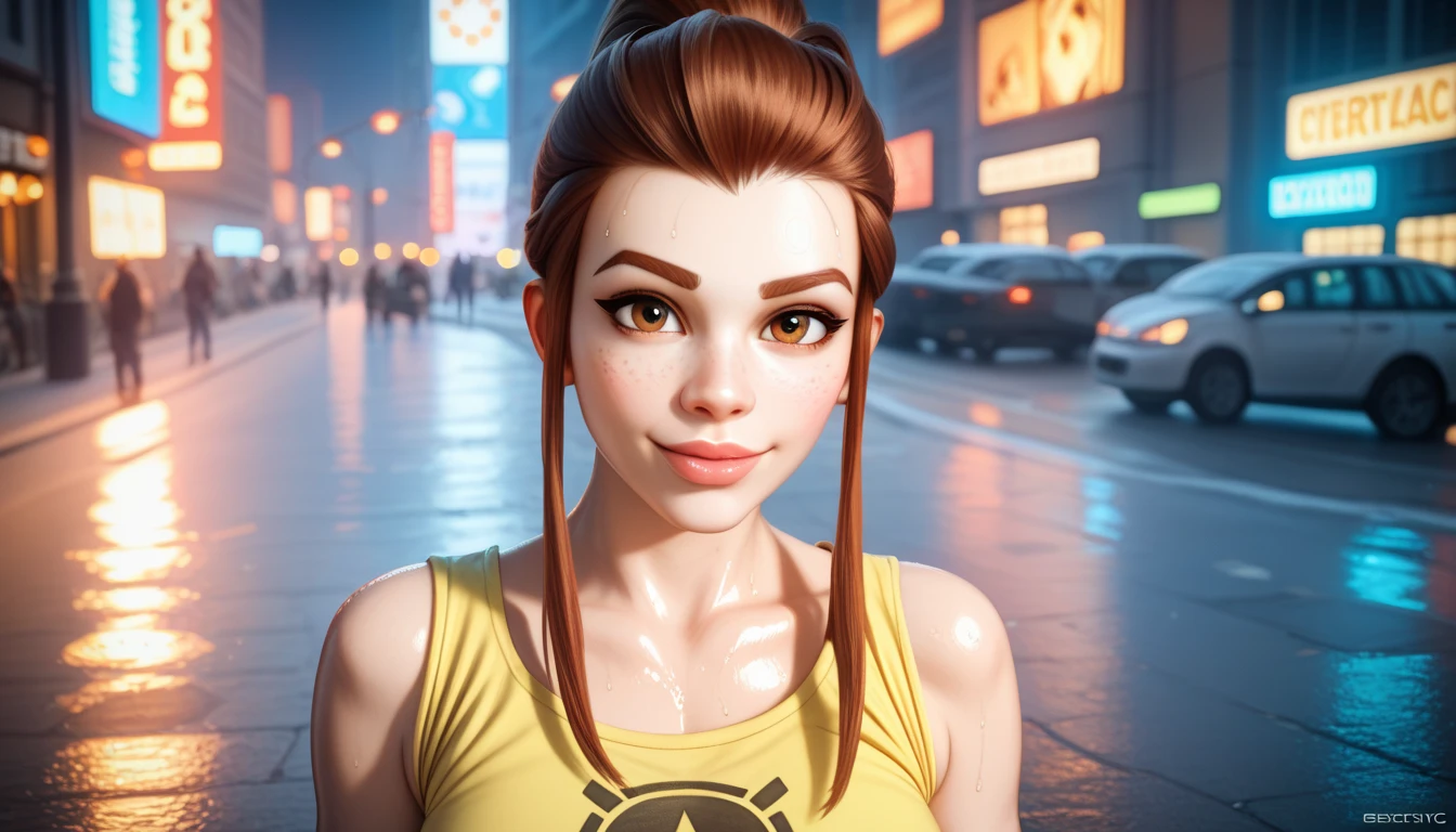 Brigitte,, overwatch,, seductive face, beutiful detailed lips, beautifull detailed eyes, sweet face, pretty face, female sexy, yellow tank shirt, shorts, massive sweat, massive moist skin, reflective skin, shiny skin, hot, hot weayher, realism, hyper realistic, realistic, best quality, cinematic lights, dramatic shadows, photography, masterpiece, intrincate clothes patterns, 4k, on the street, city lights, neon city, city background