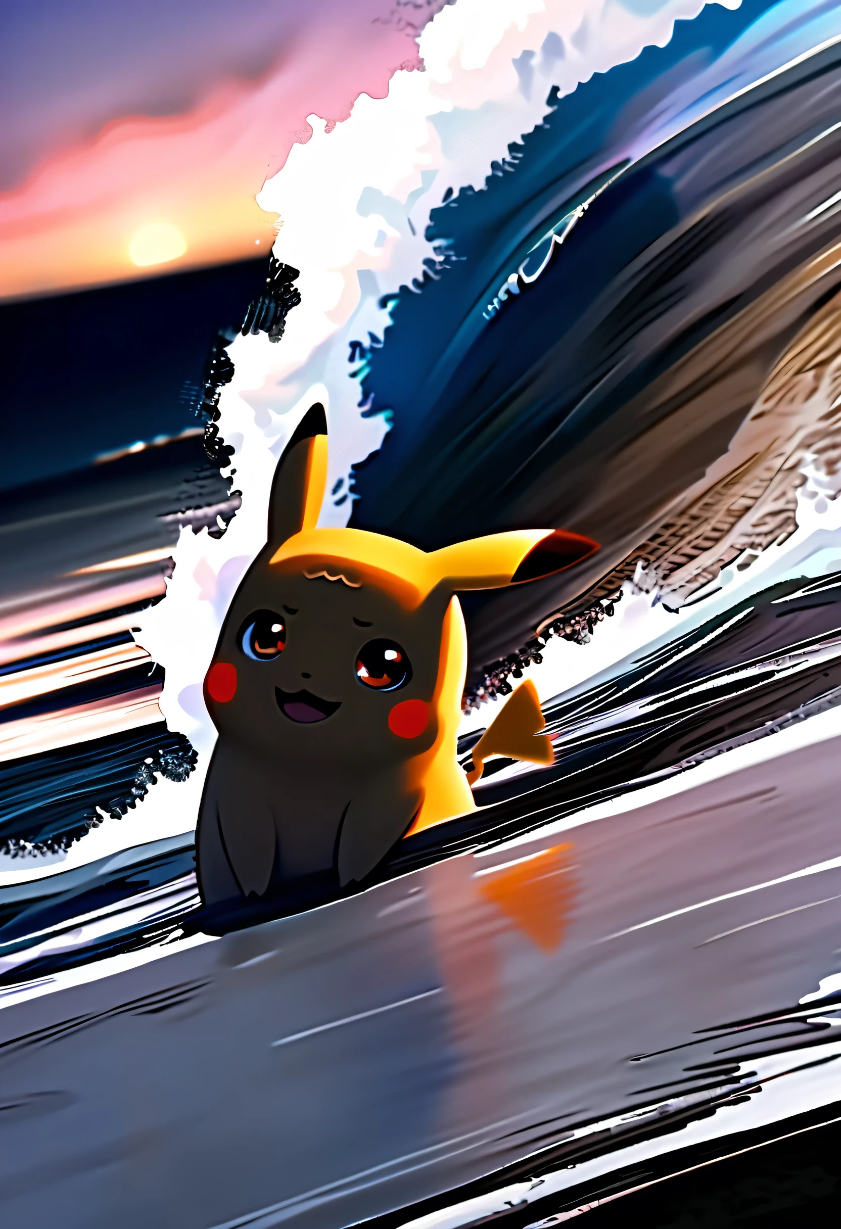 (Surfing Pikachu:1.3),quality\(8k,wallpaper of extremely detailed CG unit, ​masterpiece,hight resolution,top-quality,top-quality real texture skin,hyper realisitic,increase the resolution,RAW photos,best qualtiy,highly detailed,the wallpaper,cinematic lighting,ray trace,golden ratio\), BREAK ,solo, 1boy\(Pikachu\(Pokémon, nintendo\),joy\) (surfing:1.5), BREAK ,background\((big wave\(rolling,beautiful,clear,(motion blur:0.5)\):1.5),beautiful sea\(whitecaps\),clean ocean,beautiful coral, beautiful fish,beautiful sky,beautiful sunlight,reflections,water splash,you can see the wind browing,\),(dynamic angle:1.4),anime style,(from above),(close-up of pikachu:1.2)