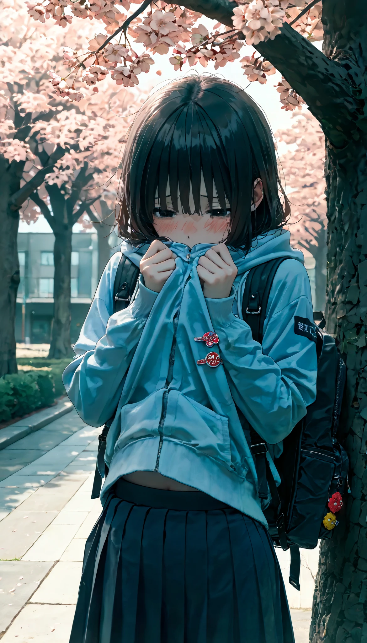       masterpiece  ,     best quality,       very aesthetic  , 1 girl,alone, stupid ,disheveled,freshly lifted ,shy,student,Pin on the backpack,dark,Tokyo in Japan , cherry trees