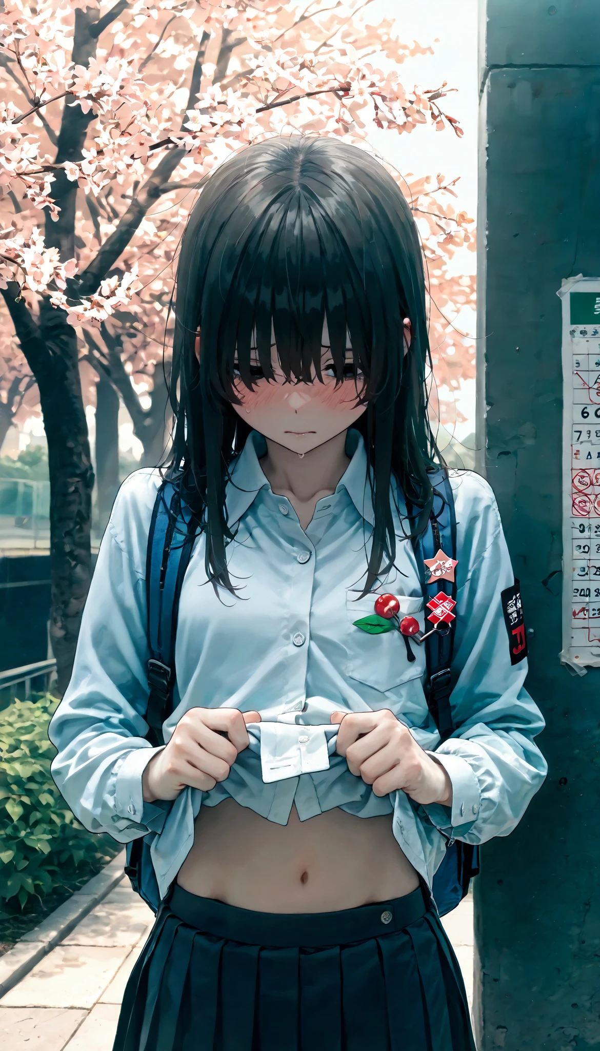       masterpiece  ,     best quality,       very aesthetic  , 1 girl,alone, stupid ,disheveled,freshly lifted ,shy,student,Pin on the backpack,dark,Tokyo in Japan , cherry trees