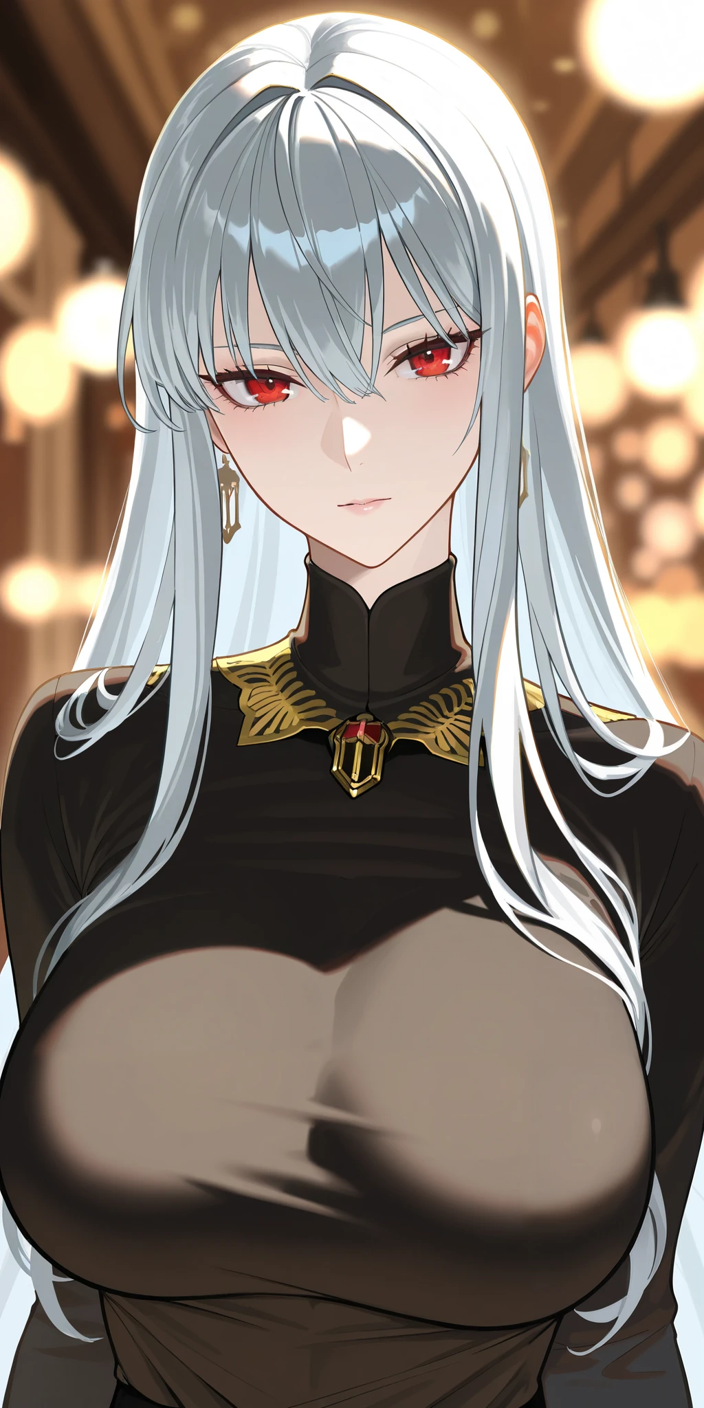 masterpiece, (solo), absurdres, portrait, ((upper body)), detailed background, fine detail, HDR, female, bangs, silver hair, long hair, red eyes, neutral expression, medium breasts, hair over one eye, black cape, black crop top, ((dark skin)), knight