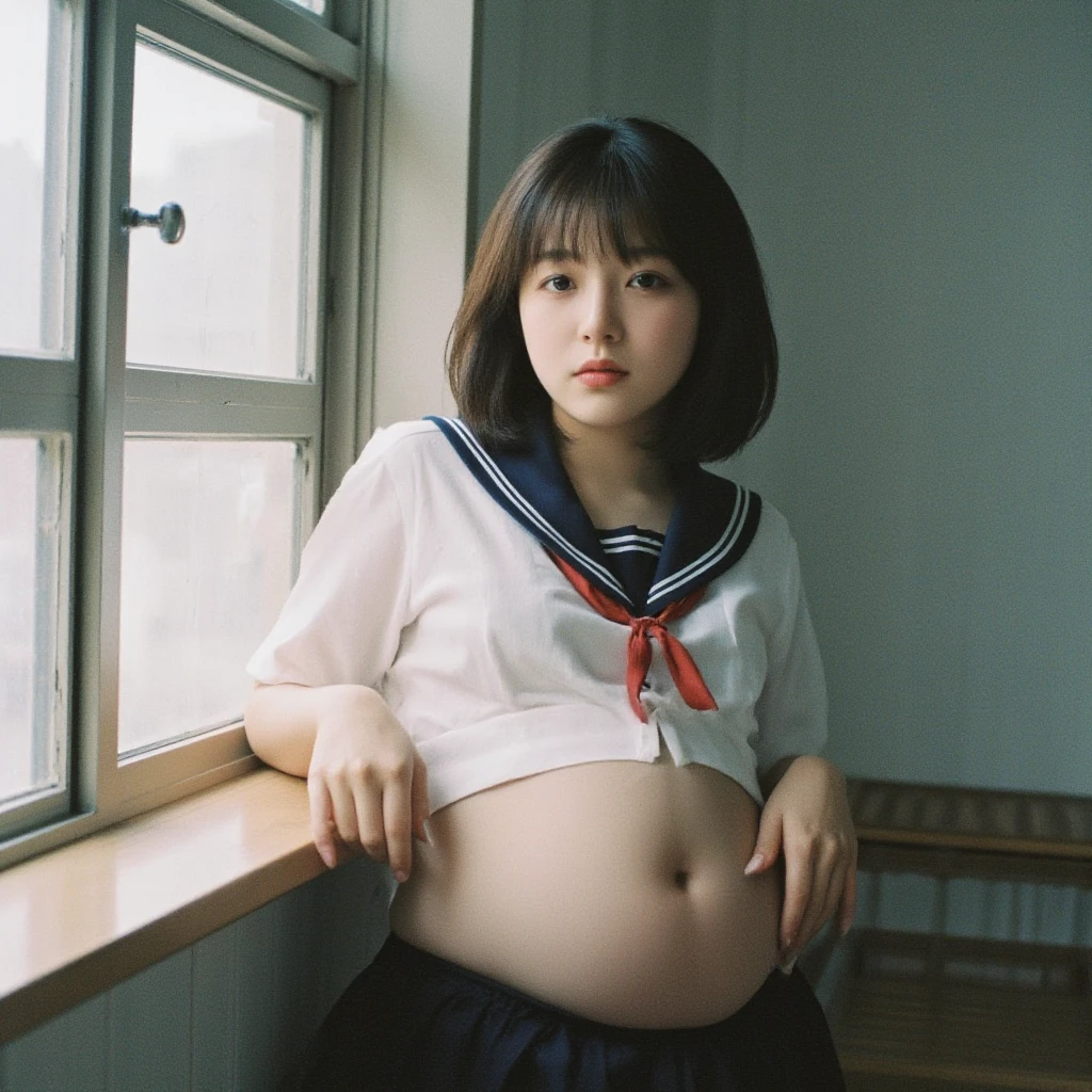 best quality, face focus, soft light, ultra high res, (photorealistic:1.4), RAW photo, 1japanese girl, solo, cute, (shy smile:0.5), dark brown hair, dark blue eyes, chubby, school uniform, protruding belly