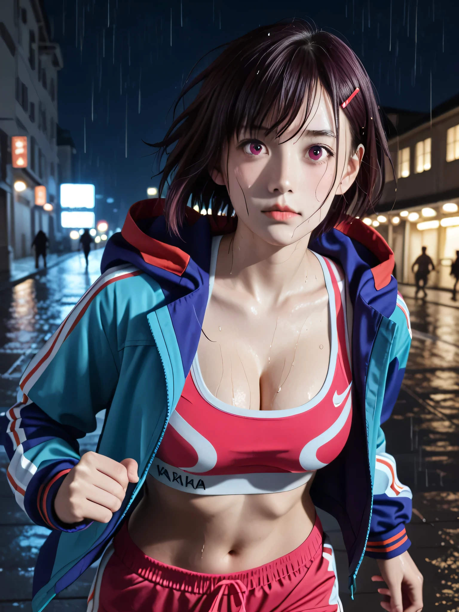 score_9, score_8_up, score_7_up, source_photo,
realistic,photo, dramatic shadows, dynamic angle, (sports bra:1.3), shizukamikazuki, shizuka mikazuki, short hair, dark purple hair, hair ornament, hairclip, pink eyes, swept bangs, navel, cleavage, jacket, open clothes, midriff, hood, open jacket, blue jacket, hooded jacket, sports bra, hood down, outdoors, cityscape, (((zombie))), ((zombie:1.3)), night, dark, (((scared))), shadow, night sky, backlighting, fleeing, motion, torn clothes, depth of field, (((running towards viewer))), (((horror))), grabbing, shorts, perspective,
(realistic:1.4), Detailed face, big breasts, large breasts, ((solo)), busty, ((1girl)), closed mouth, beautiful breasts, beautiful ass, dynamic angle, cute face, ((perfect fingers)), (((night))), soaked, drenched, wet hair, wet face, dripping wet, (rain:1.6), (night:1.6),