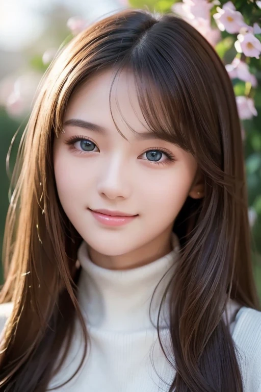 masterpiece,DSLR photo,analog style,nikon d5,real photo,a photo of a beautiful 20 year old woman,dramatic lighting (85mm),with Blooming garden in the background,(detailed facial features),(detailed shiny eyes),dynamic angle,Michelangelo style,long hair,turtleneck sweater,smiling face:1.4,