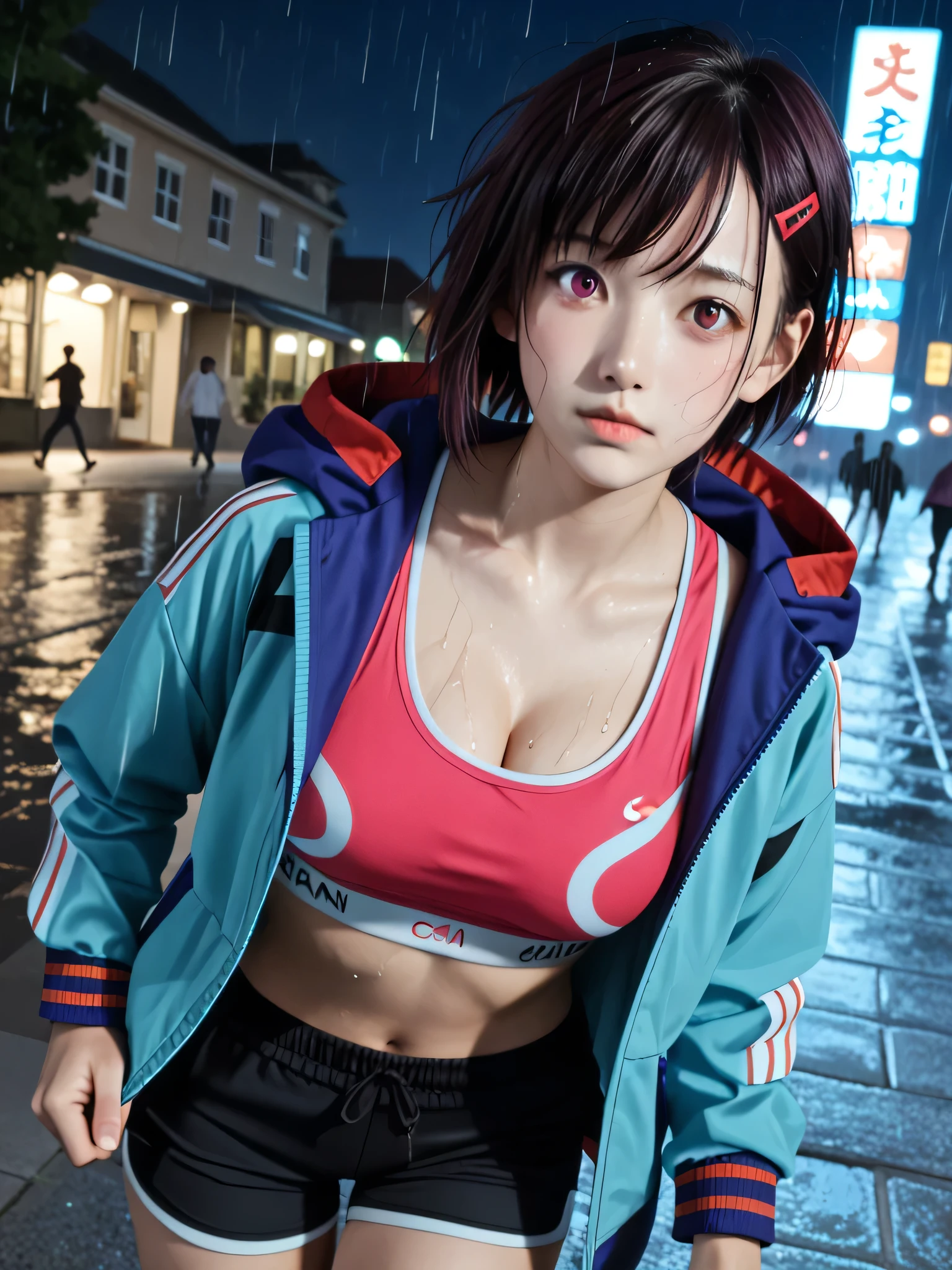 score_9, score_8_up, score_7_up, source_photo,
realistic,photo, dramatic shadows, dynamic angle, (sports bra:1.3), shizukamikazuki, shizuka mikazuki, short hair, dark purple hair, hair ornament, hairclip, pink eyes, swept bangs, navel, cleavage, jacket, open clothes, midriff, hood, open jacket, blue jacket, hooded jacket, sports bra, hood down, outdoors, cityscape, (((zombie))), ((zombie:1.3)), night, dark, (((scared))), shadow, night sky, backlighting, fleeing, motion, torn clothes, depth of field, (((running towards viewer))), (((horror))), grabbing, shorts, perspective,
(realistic:1.4), Detailed face, big breasts, large breasts, ((solo)), busty, ((1girl)), closed mouth, beautiful breasts, beautiful ass, dynamic angle, cute face, ((perfect fingers)), (((night))), soaked, drenched, wet hair, wet face, dripping wet, (rain:1.6), (night:1.6),
