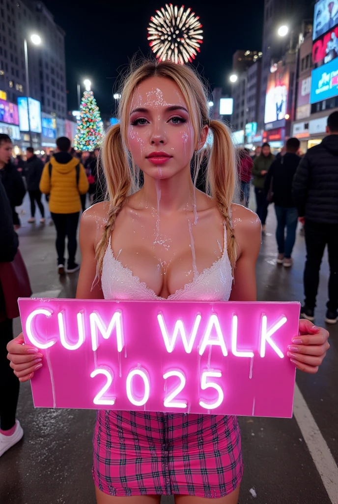 old man in white suit stands beside (((nude naked nude naked young white girl who has brunette bob hair and smile and wears a collar and hold a placard sign))) and has medium breast and nipple and pussy and earring and wristwatch and is waving and standing in a carpark, student in background, old man in black suit in background, old man in black suit in background, old man in black suit in background,