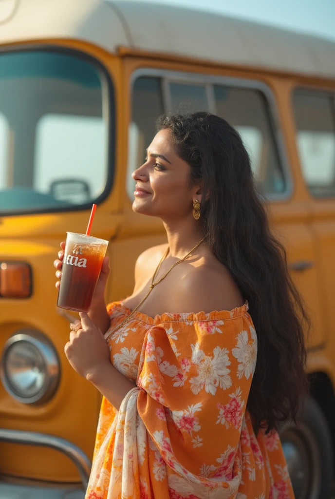  a photo of a beautiful indian mature curvy woman , With big tits,  curbilineal body , Smiling,  wearing a dress with a bardot neckline , attractive kerala woman,  in a store next to the beach , in a tropical country ,  standing next to an old, western bus,  drinking a soda for the heat .