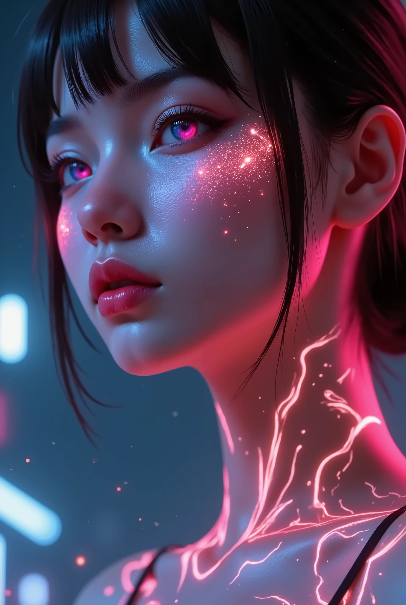 Beautiful Women,《Battle of the Two Cities》style, cyberpunk,“Three renders two” technology 、 Smooth face ,蒸汽朋克的机械style,Dark Room 、Face eye close-up , There are cosmic stars in the eyes,夜间霓虹 cyberpunk 、 coordinator neon , is colorful, high contrast ,Super detailed characters