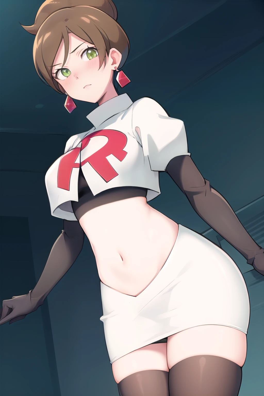 lumen reflections, natural lighting, evocative, triadic color scheme, cowboy shot, elegant, voluptuous:0.6, looking at viewer, 1girl, female, solo, blush, sfw, Aurea juniper, brown hair, green eyes, earrings, red earrings, diamond earrings, team rocket,team rocket uniform,white skirt,red letter R,crop top,black thigh-highs,black elbow gloves