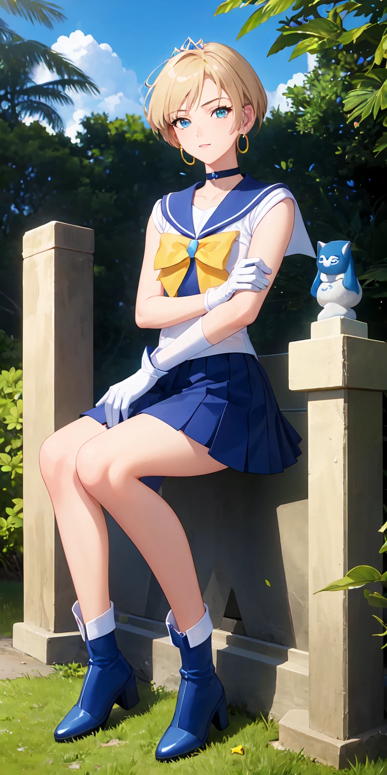  Sailor Uranus, 1 girl,Blonde,blue  choker ,Blue footwear,blue  sailor collar,blue  skirt , boots, choker ,crown, earrings for women with first name, gloves,  jewelry, Magical Girl,plant, sailor collar, Sailor Mercury, sailor warrior uniform , Sailor Uranus, short hair with shadows, skirt ,Alone,star  choker , tiara ,very  short hair with shadows,white  gloves,yellow bow ,  crossed legs ,  arms crossed