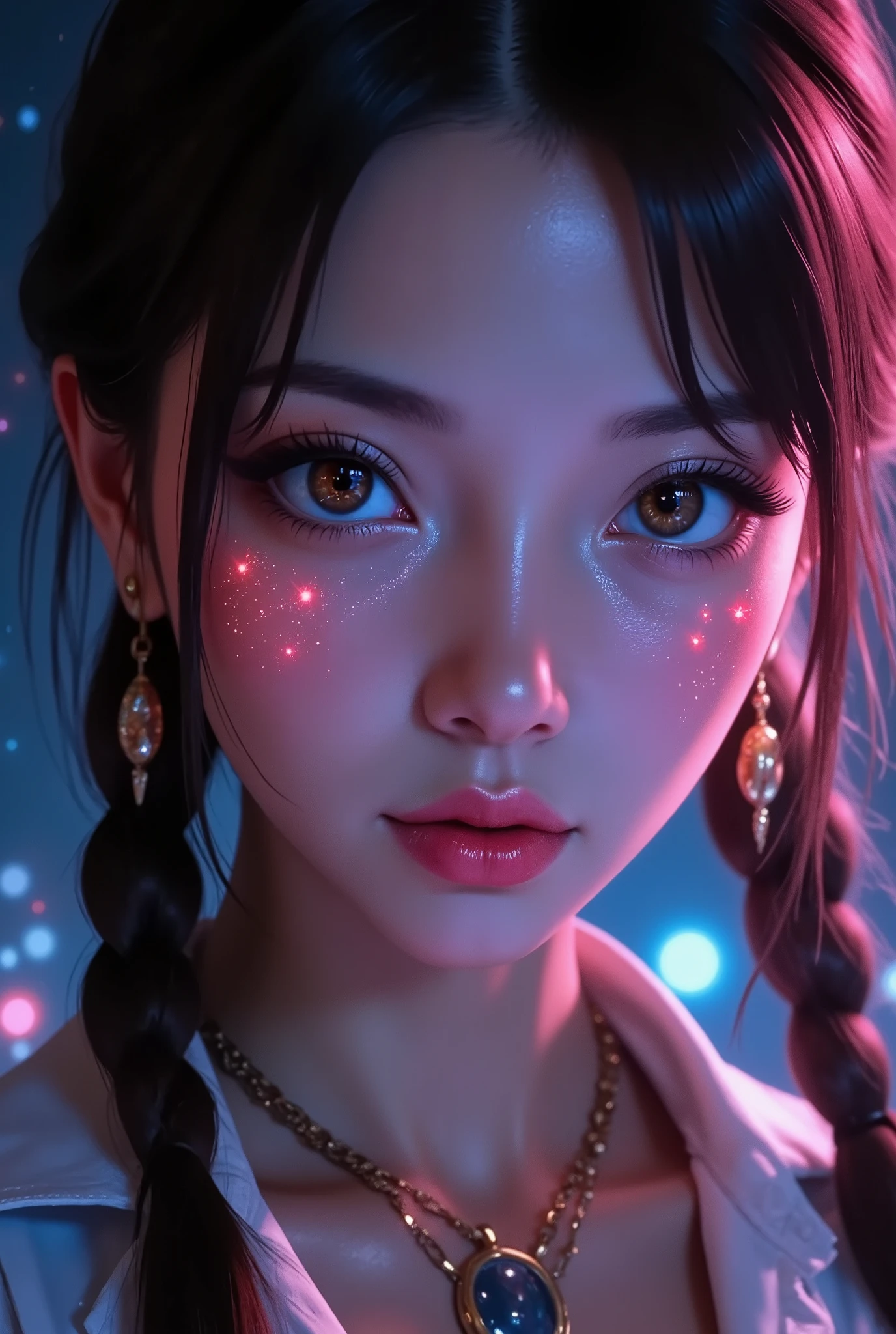 美丽的女子Eye close-up,《Battle of the Two Cities》style, cyberpunk,“Three renders two” technology 、 Smooth face ,蒸汽朋克的机械style,Dark Room 、Eye close-up, There are cosmic stars in the eyes,夜间霓虹 cyberpunk 、 coordinator neon , is colorful, high contrast ,Super detailed characters